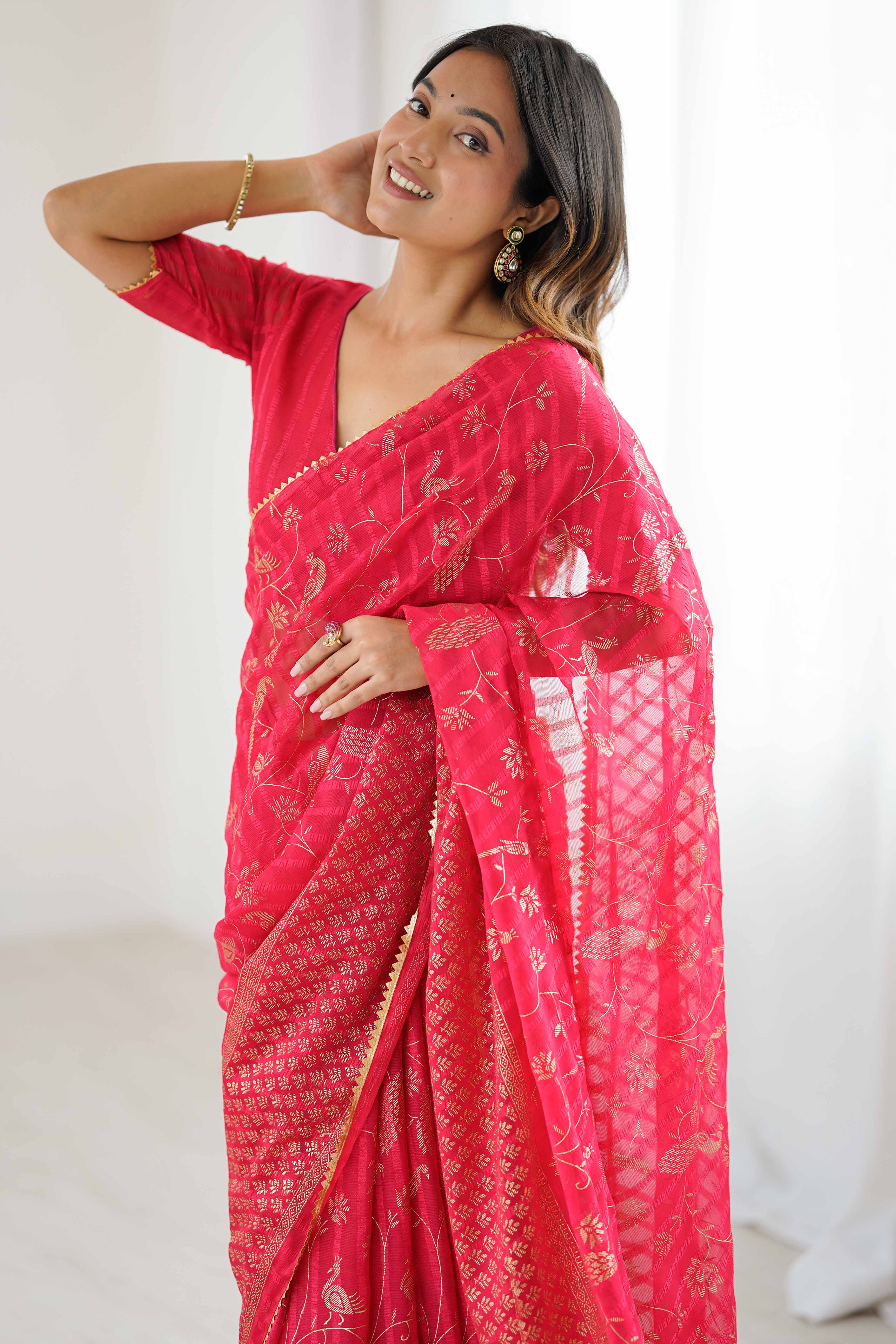 Red Georgette Saree with Shimmering Foil Print & Gota Patti Border