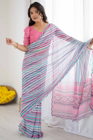 Multicolor Georgette Saree Featuring Digital Print & Mirror Embroidery Border