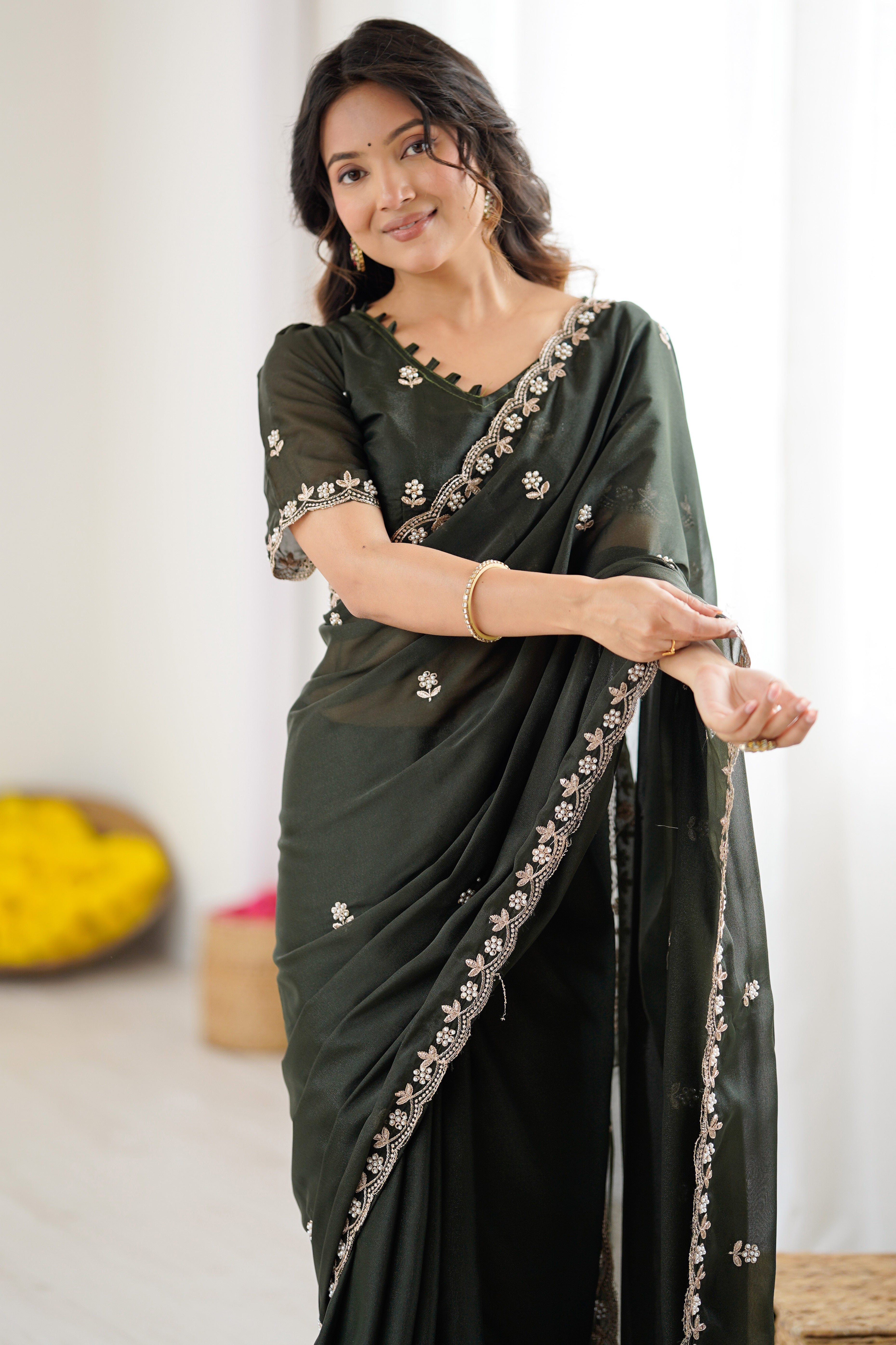 Mehendi Green Partywear Star Georgette Saree Adorned with Floral Embroidery and Beads Work