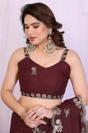 Charming Burgundy Floral & Peacock Motif Georgette Saree Enhanced With Sequins Embroidery