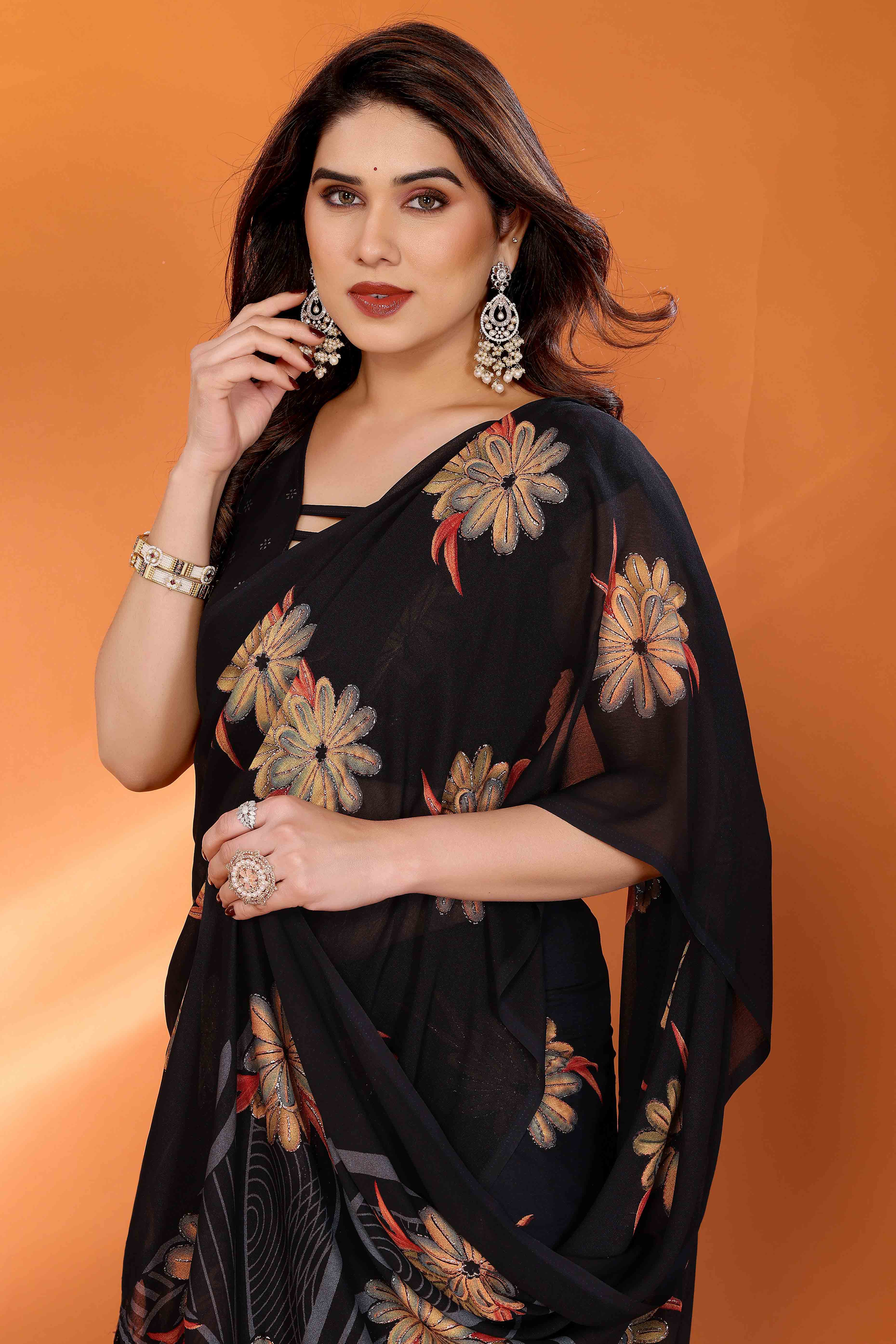 Black Printed Saree with Zari Woven Charm in Satin Fabric