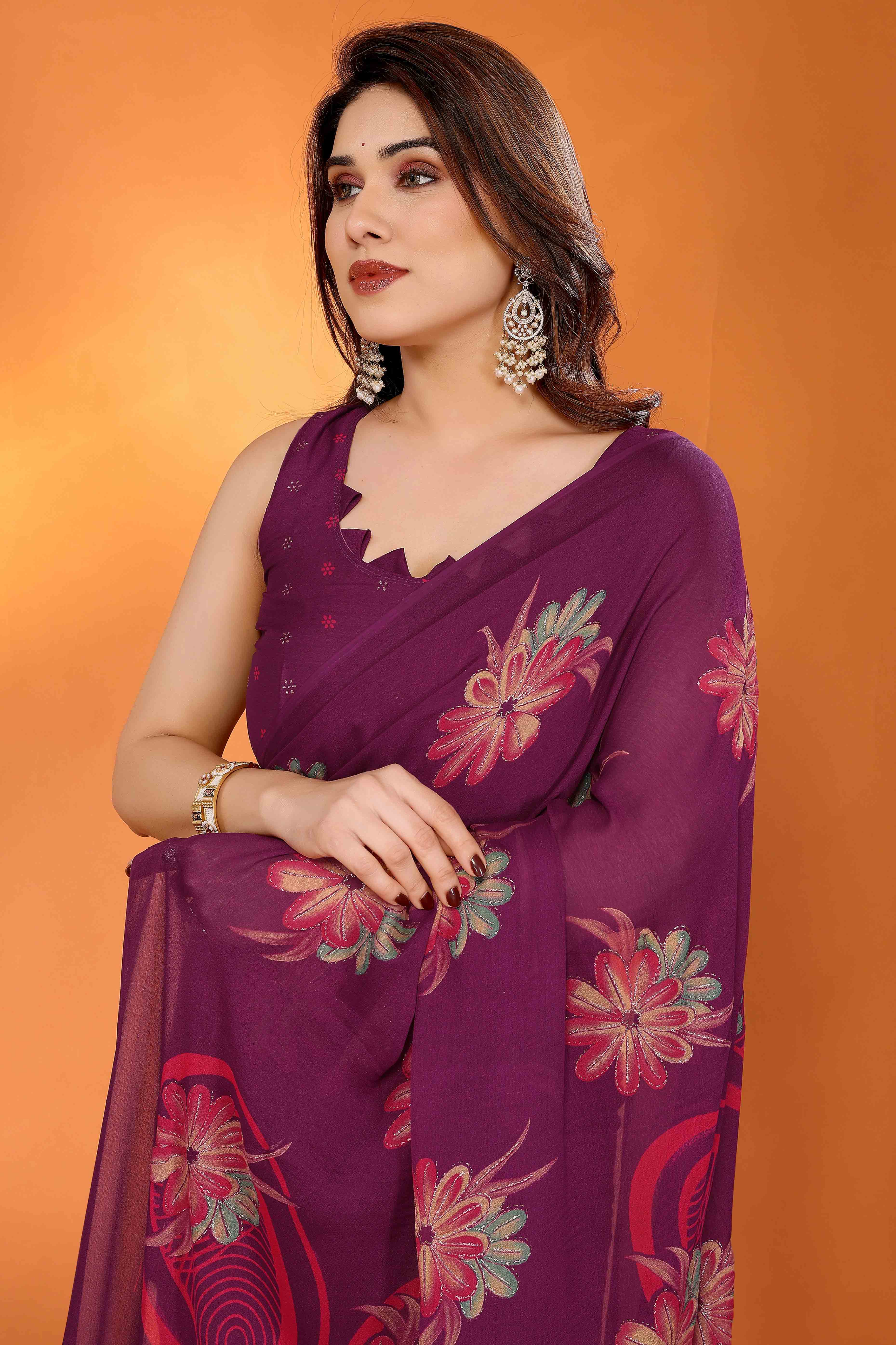 Dark Purple Printed Saree with Zari Woven Charm in Satin Fabric