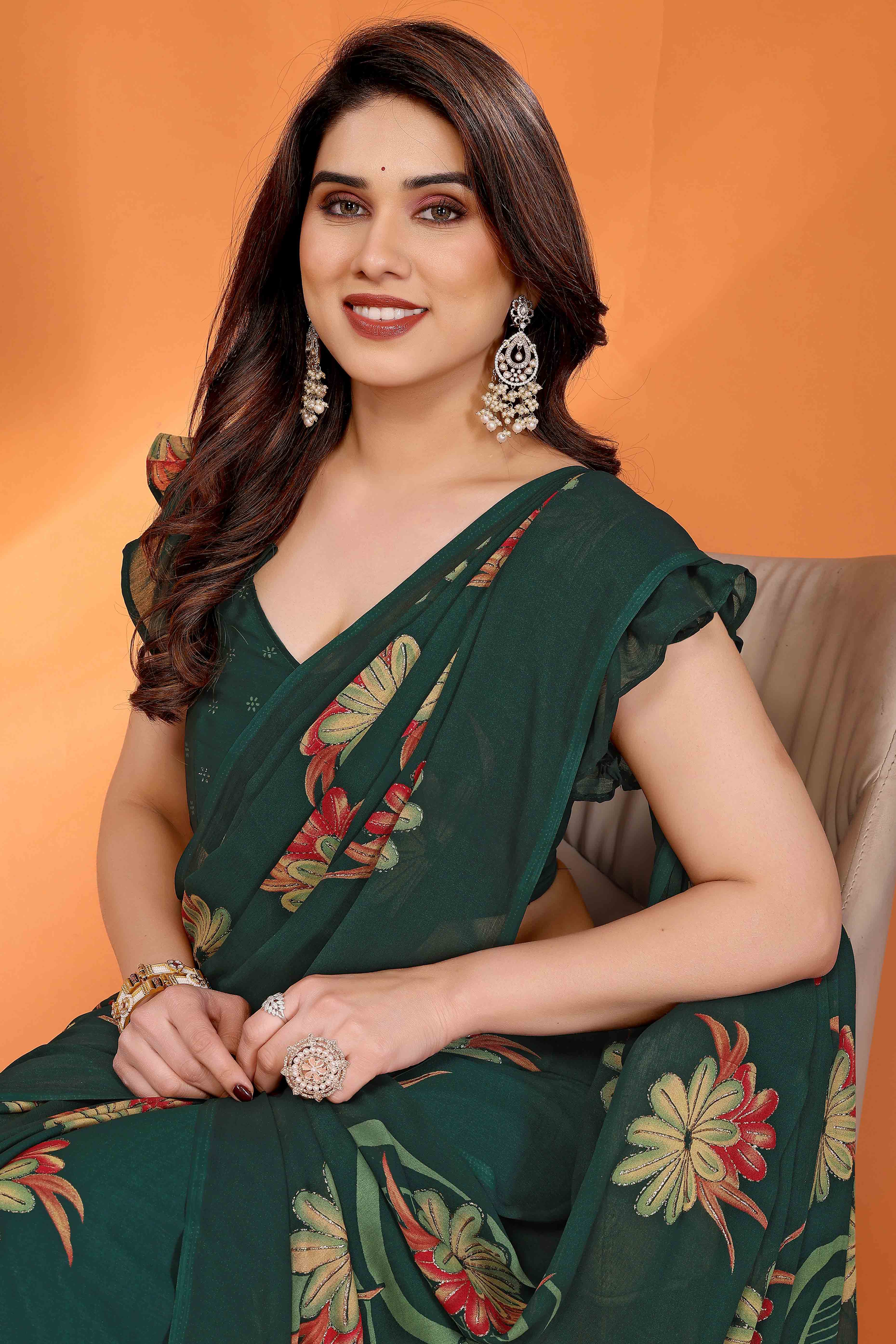 Green Printed Saree with Zari Woven Charm in Satin Fabric