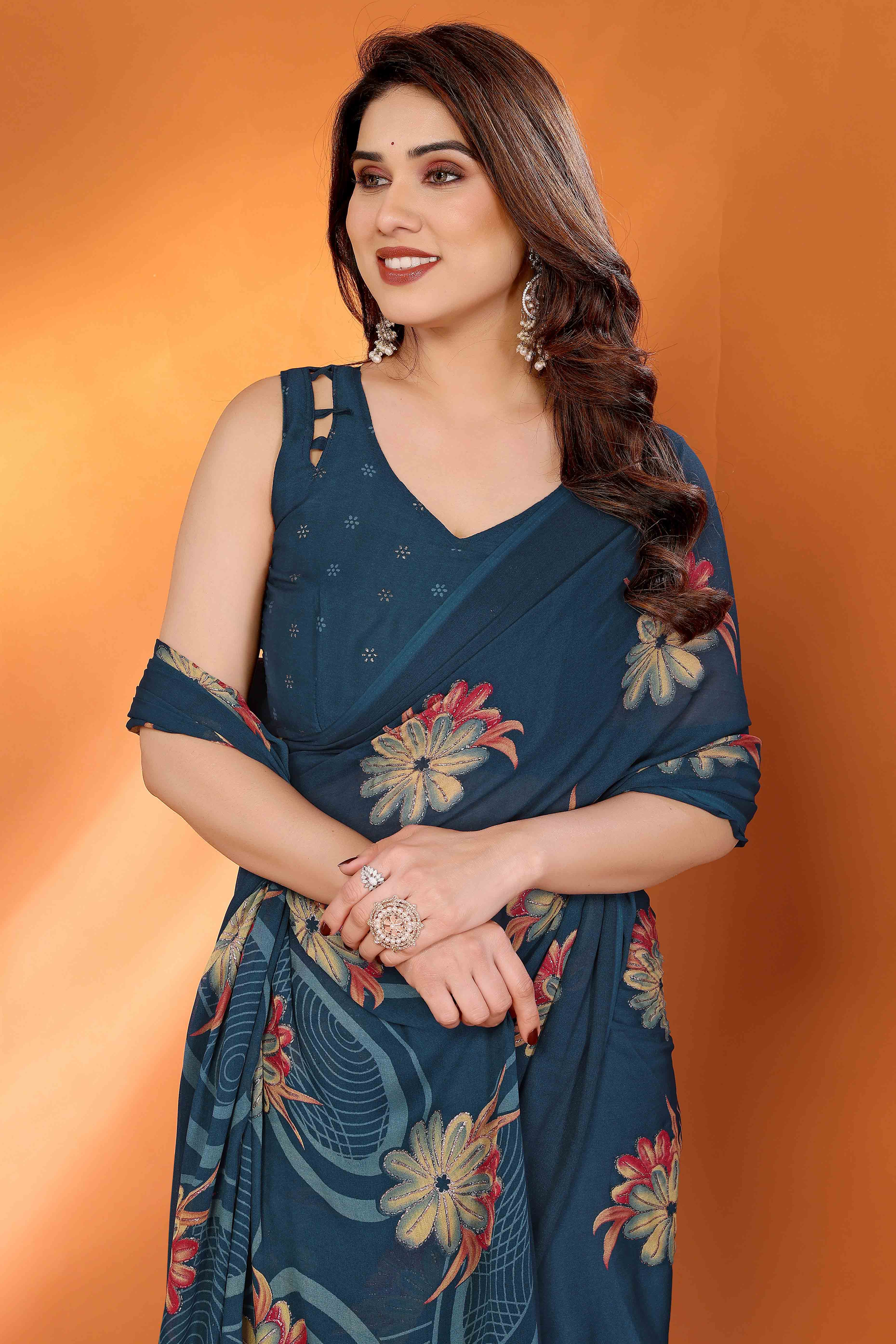 Teal Printed Saree with Zari Woven Charm in Satin Fabric