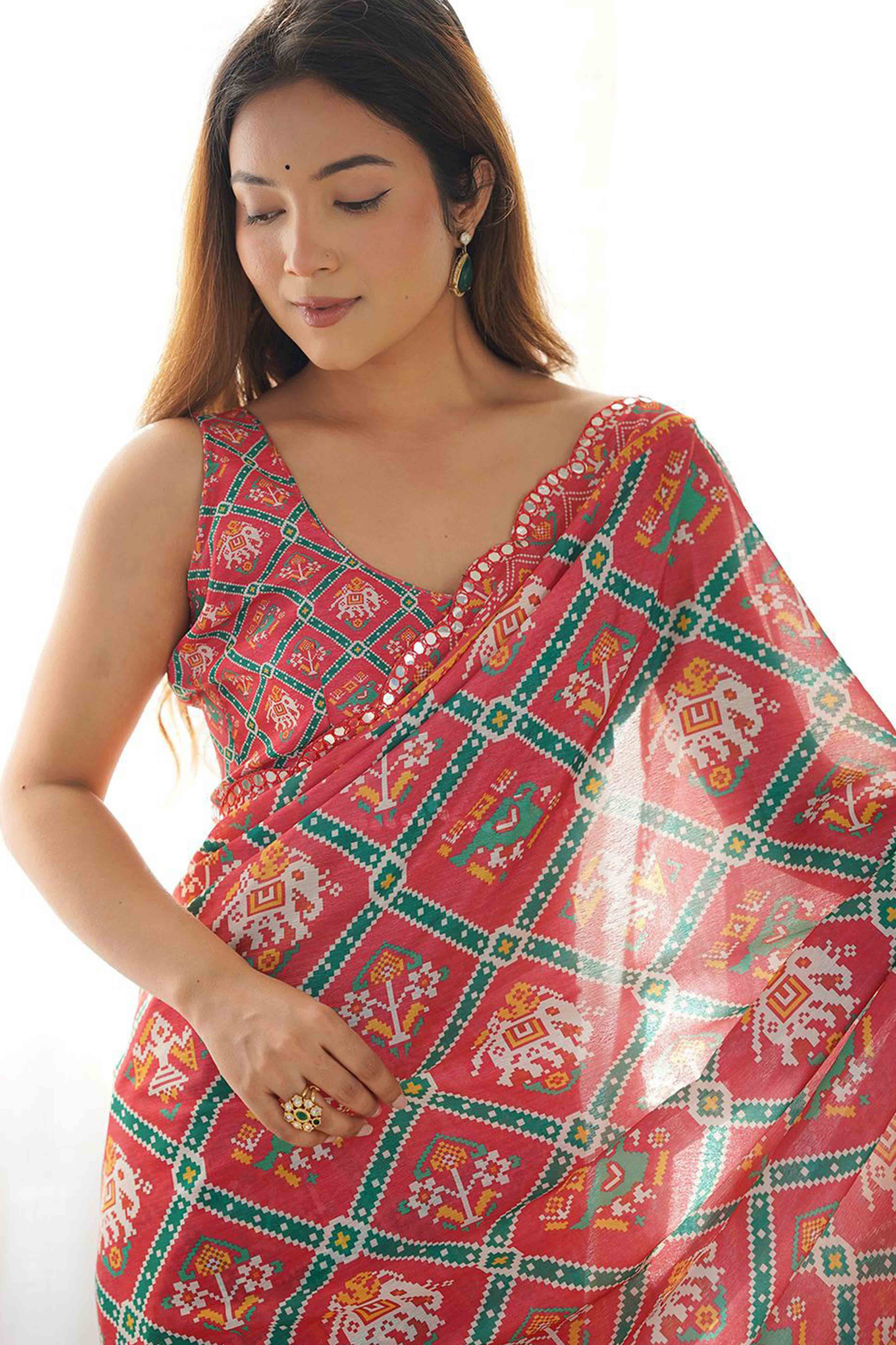 Red Digital Print Georgette Saree Enhanced With A Sparkling Lace Border