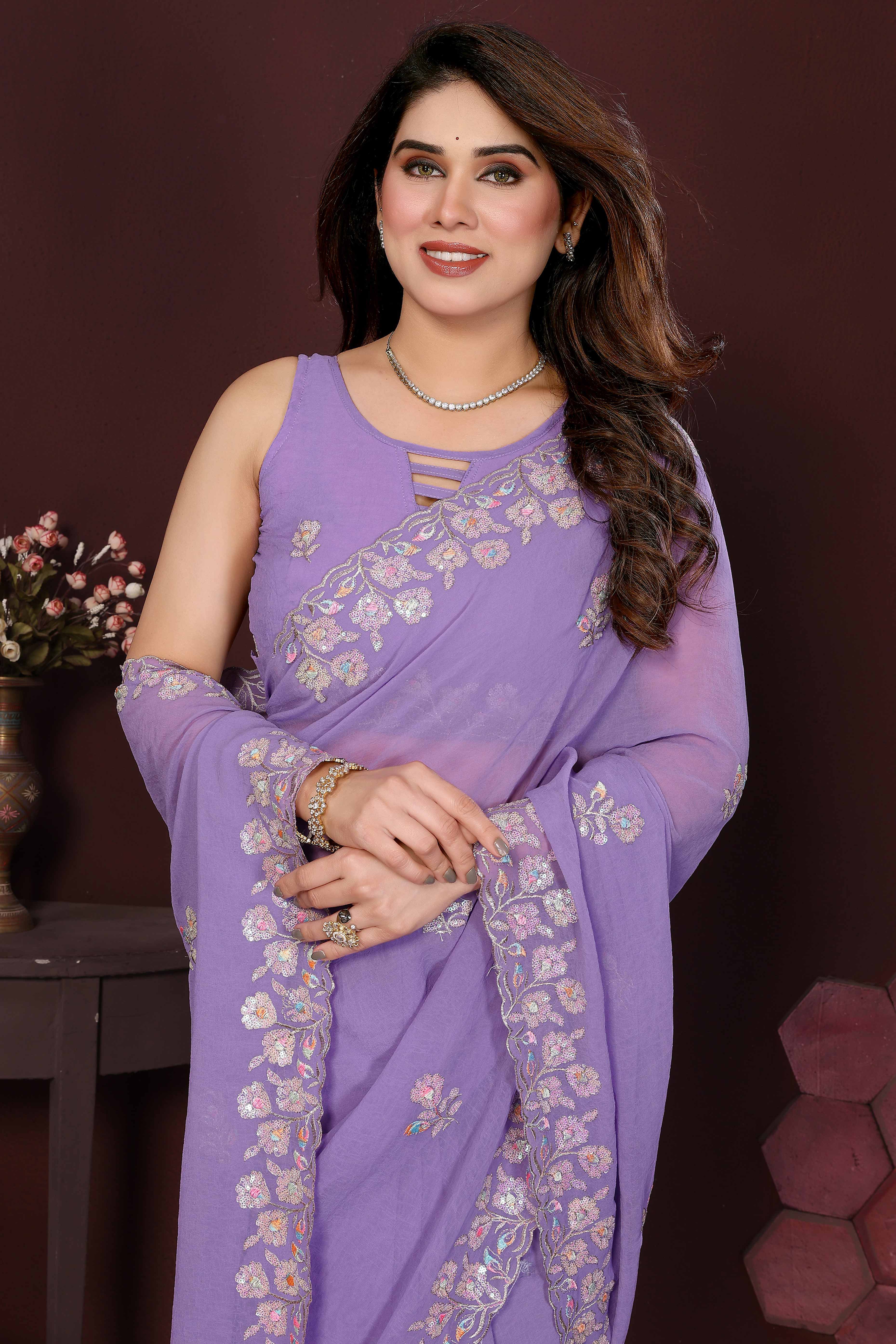 Lavender Georgette Saree Featuring Intricate Floral Sequin Embroidery
