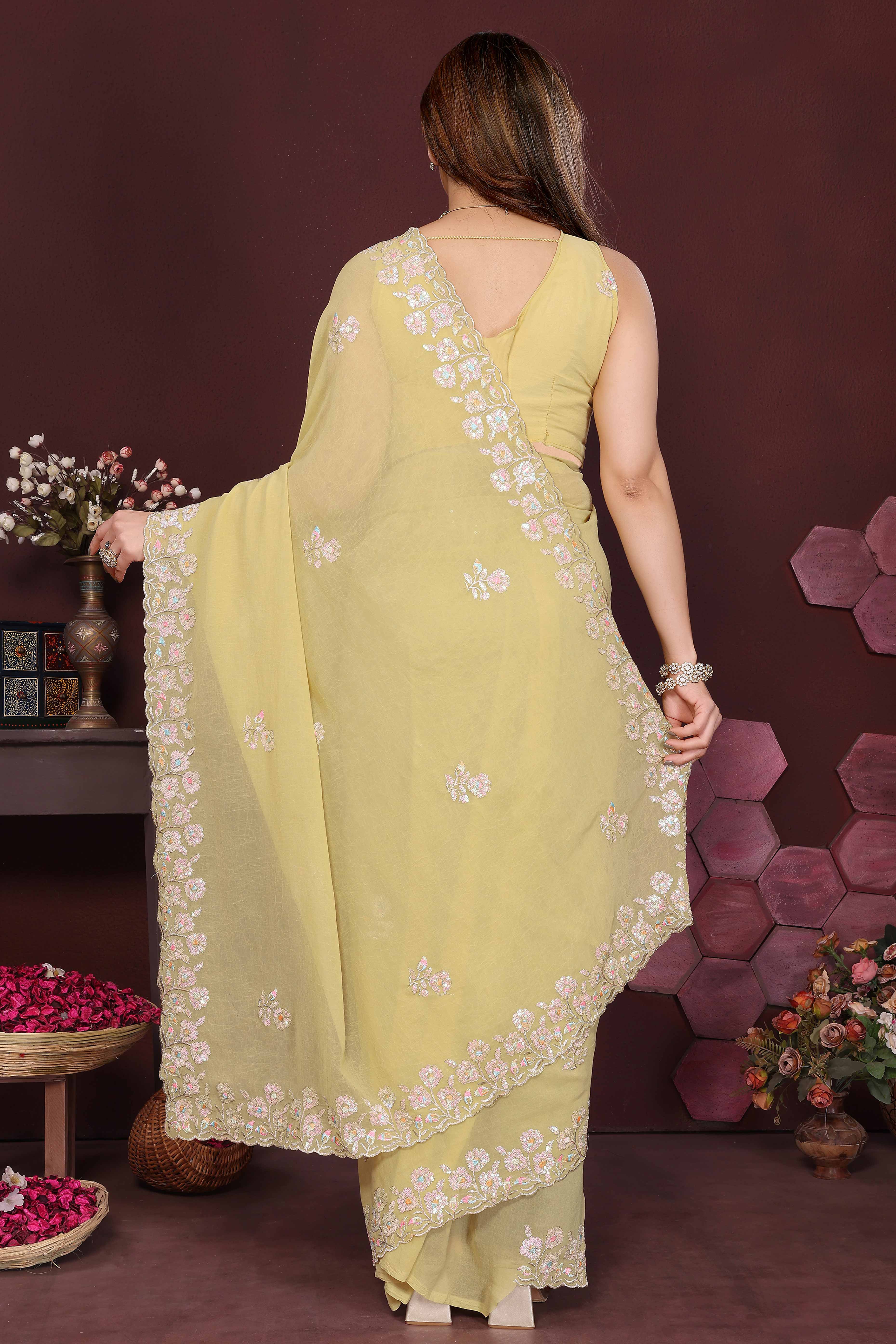 Yellow Georgette Saree Featuring Intricate Floral Sequin Embroidery