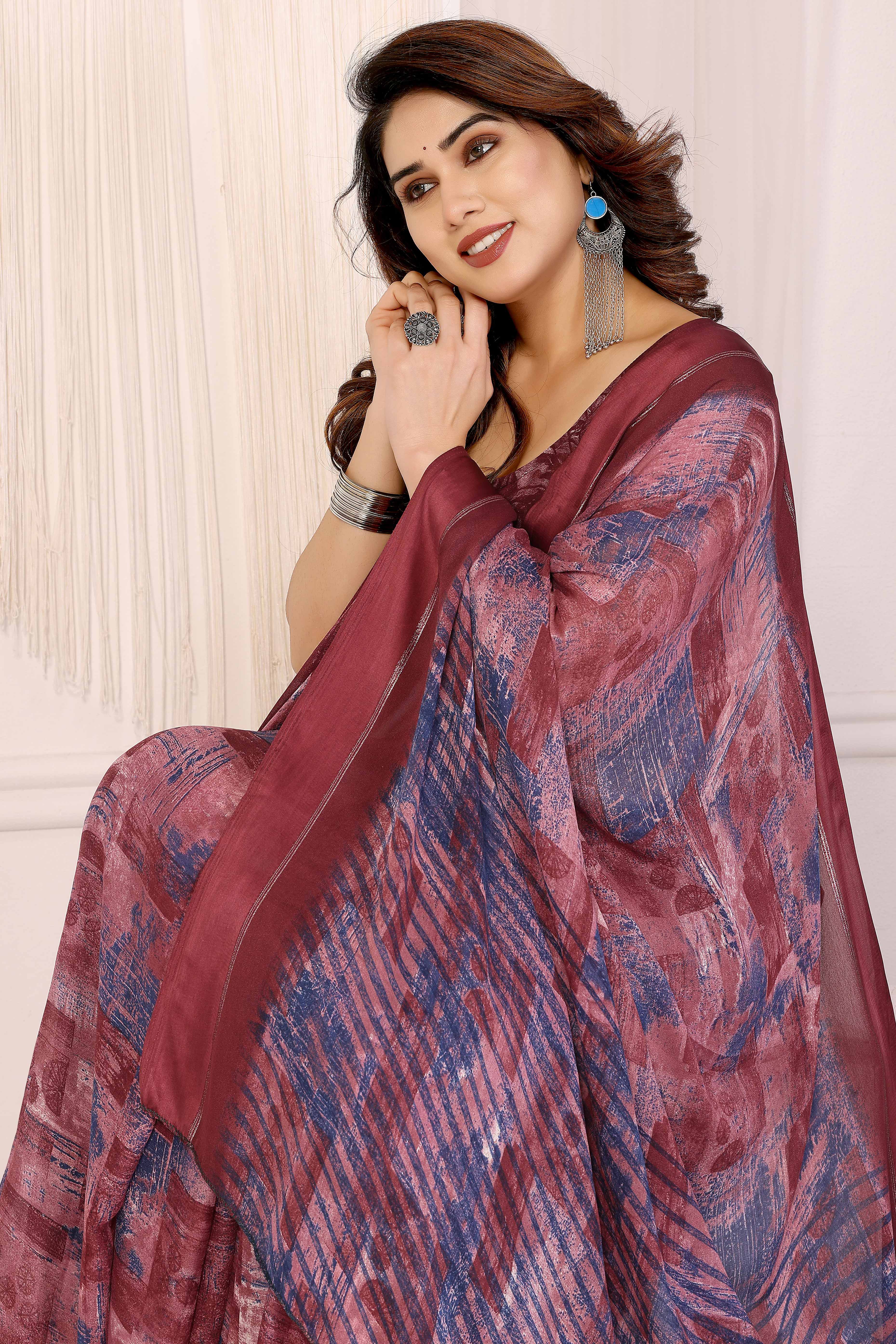 Trendy Maroon Saree in Moss Satin with Floral Print Detailing