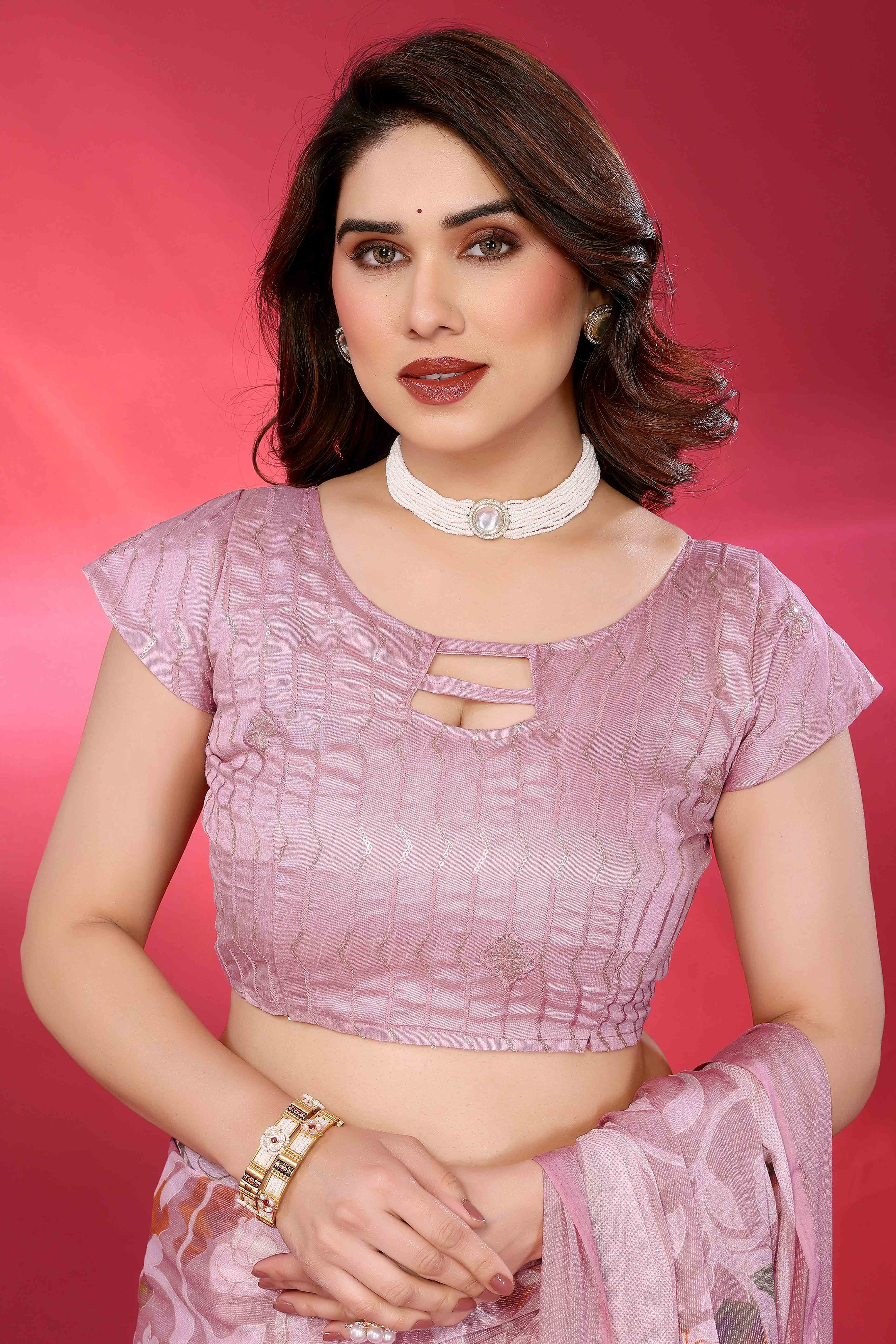 Charming Pink Brasso Chiffon Saree with Elegant Floral Foil Print