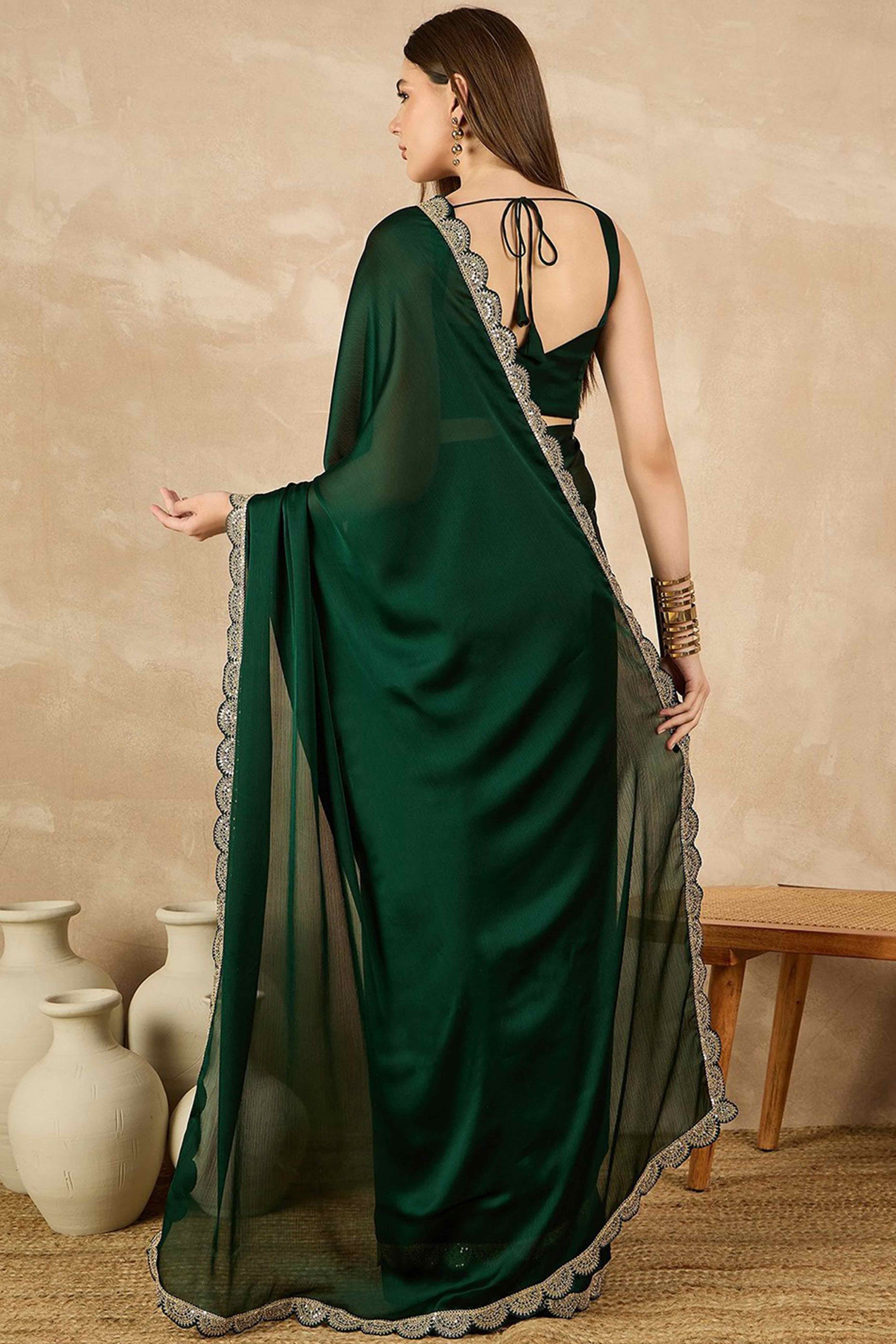 Green Solid Chiffon Saree With Sequins Embroidered Border