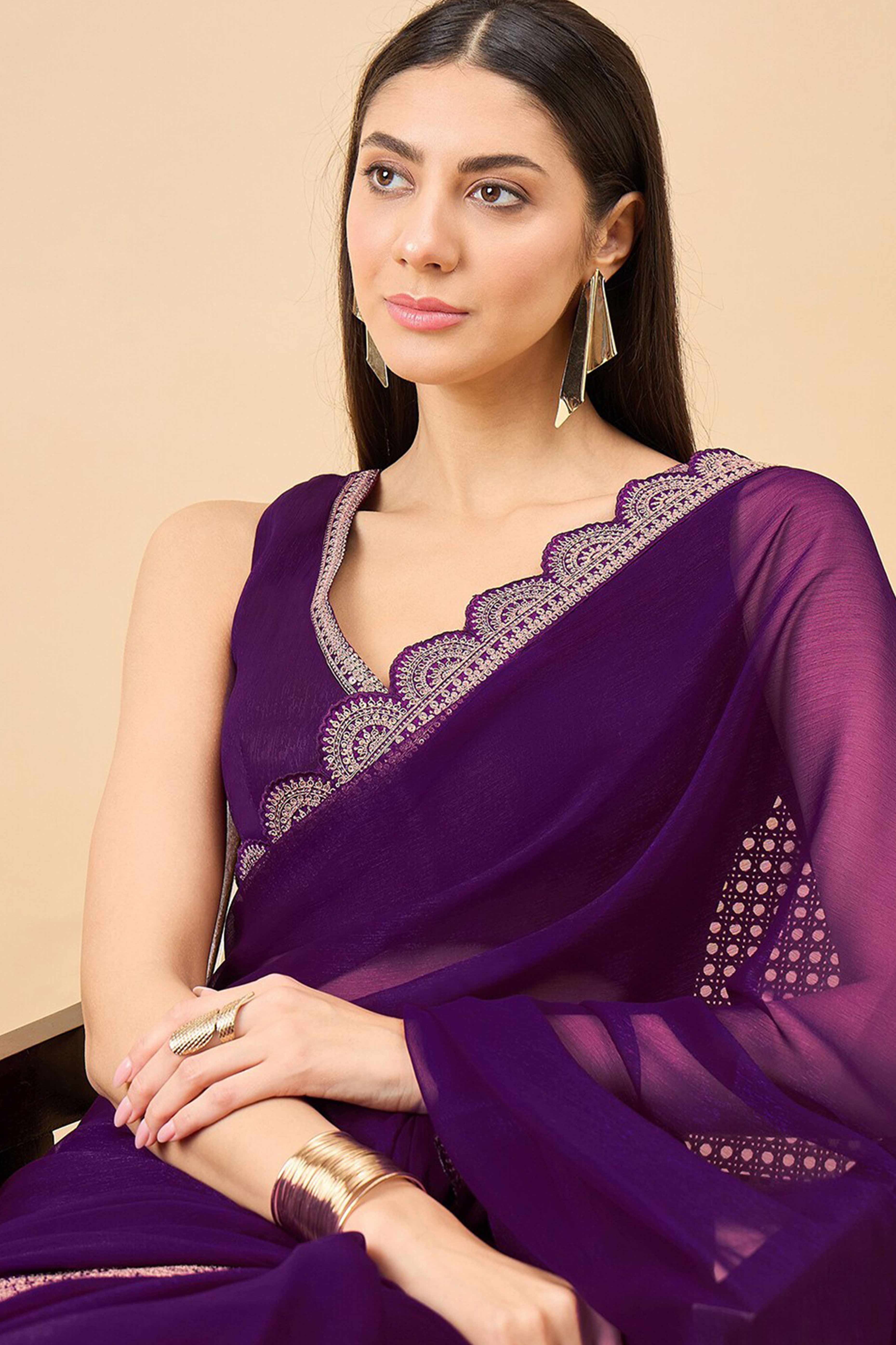 Purple Solid Chiffon Saree With Sequins Embroidered Border