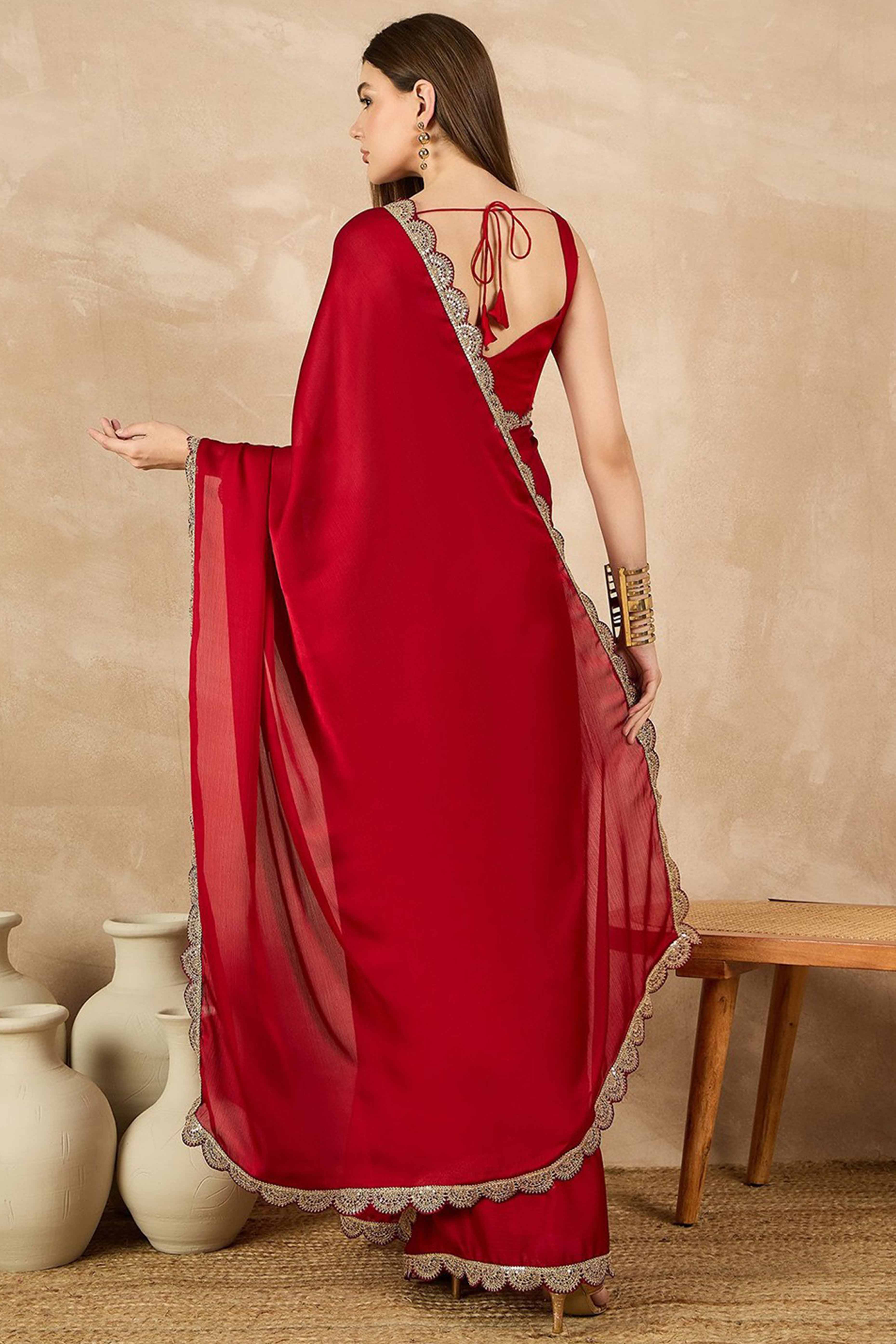 Red Solid Chiffon Saree With Sequins Embroidered Border