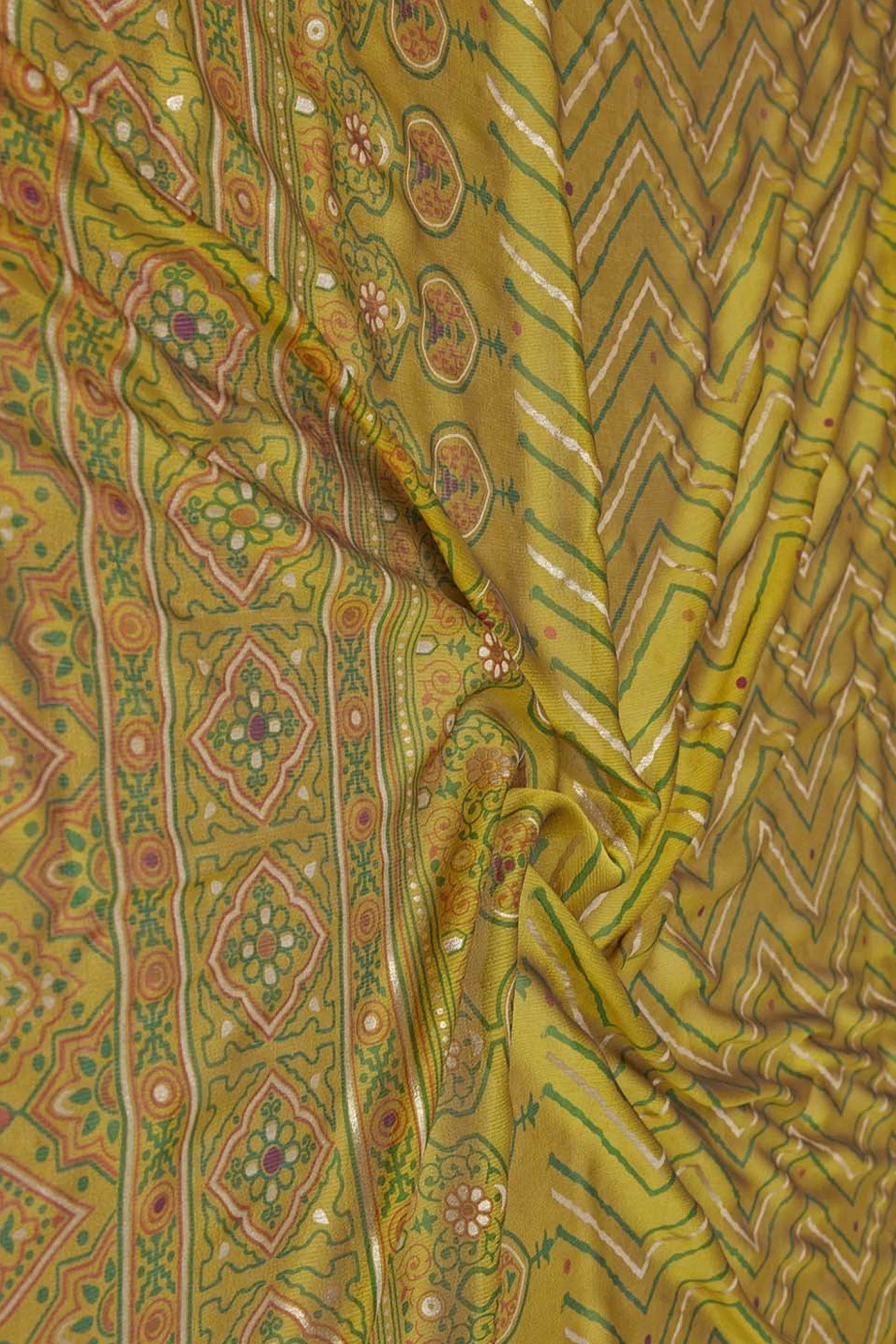 Olive Zig Zag Foil Printed Chiffon Saree