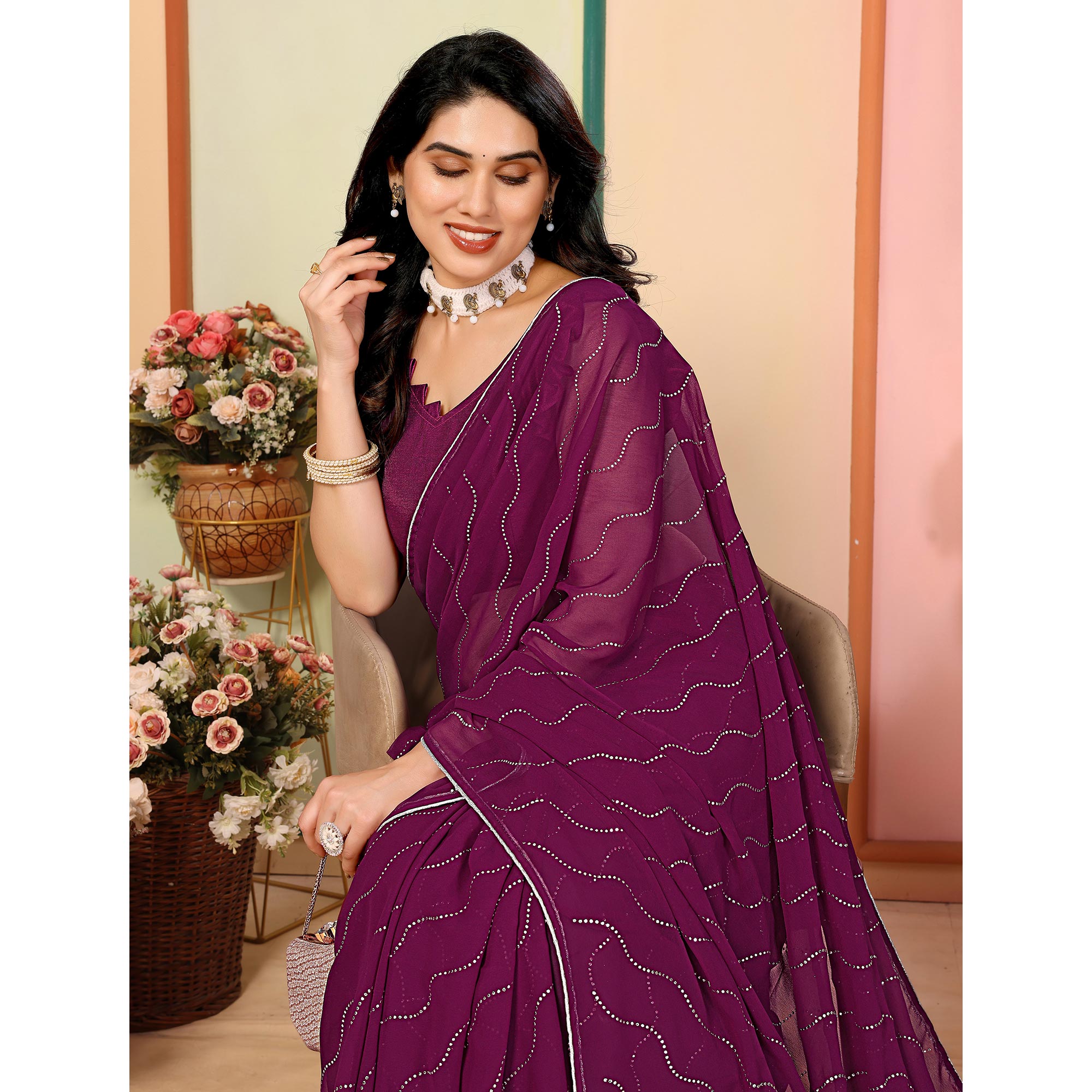Purple Swarovski Work Embroidered Georgette Saree