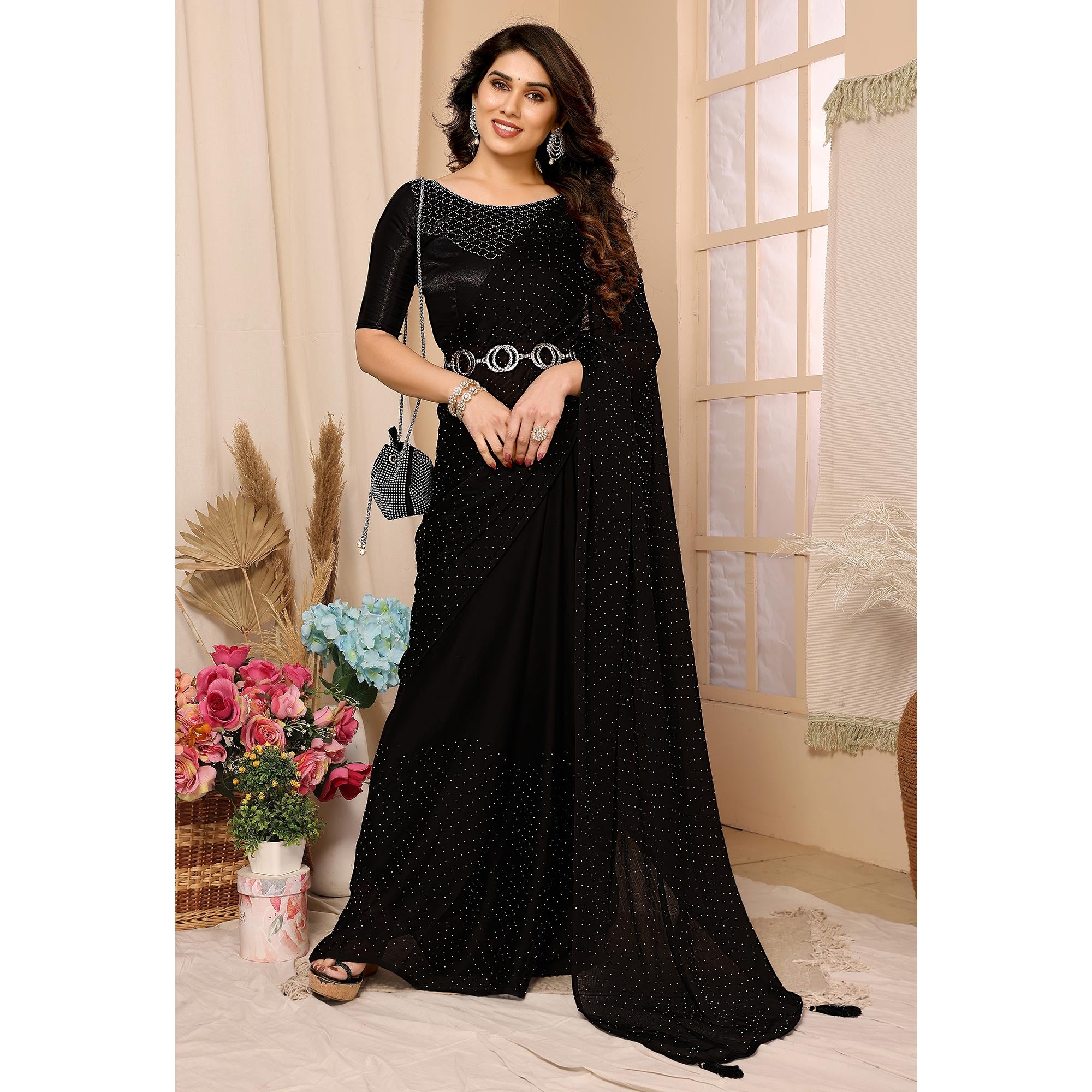 Black Swarovski Work Satin Chiffon Saree With Tassels