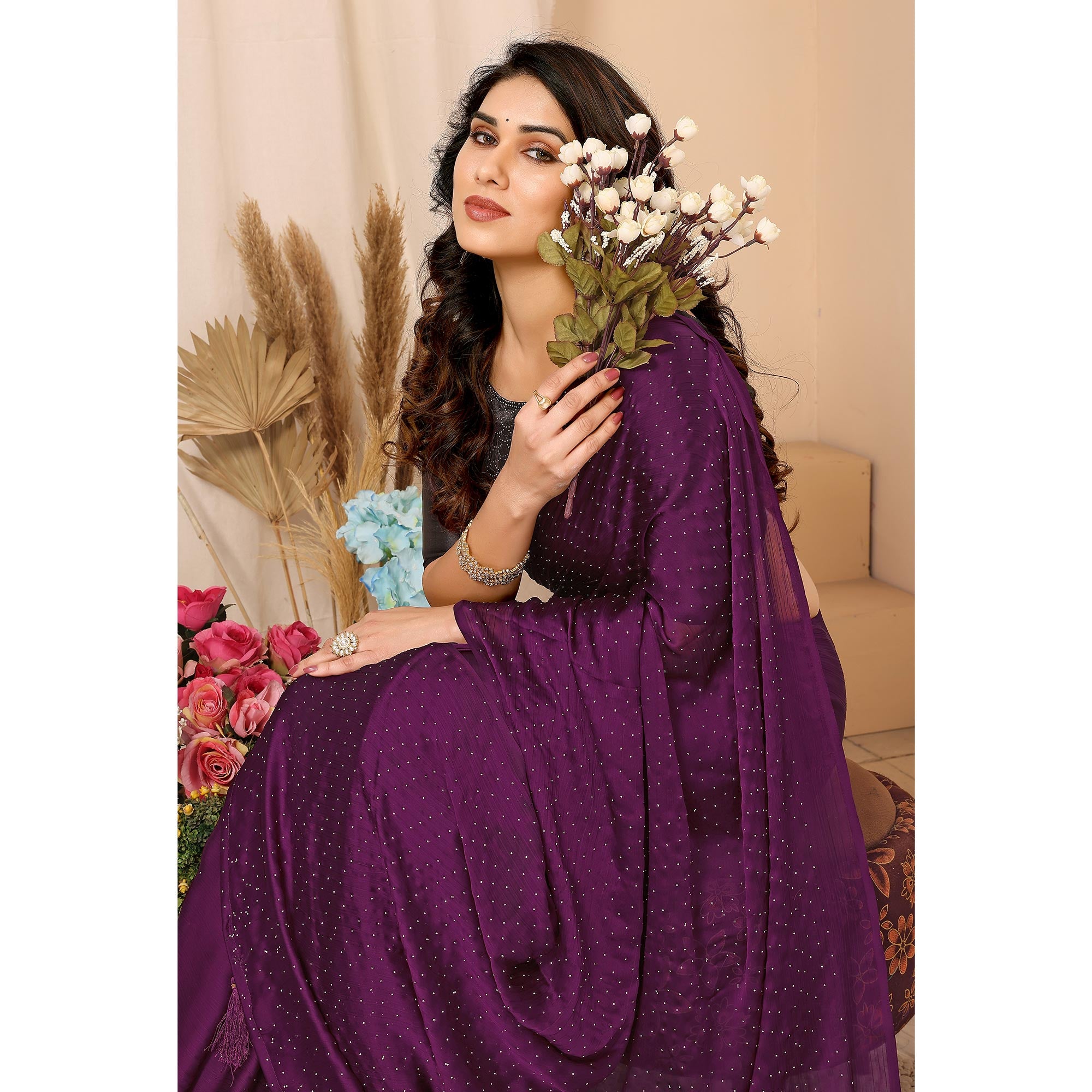 Purple Swarovski Work Satin Chiffon Saree With Tassels