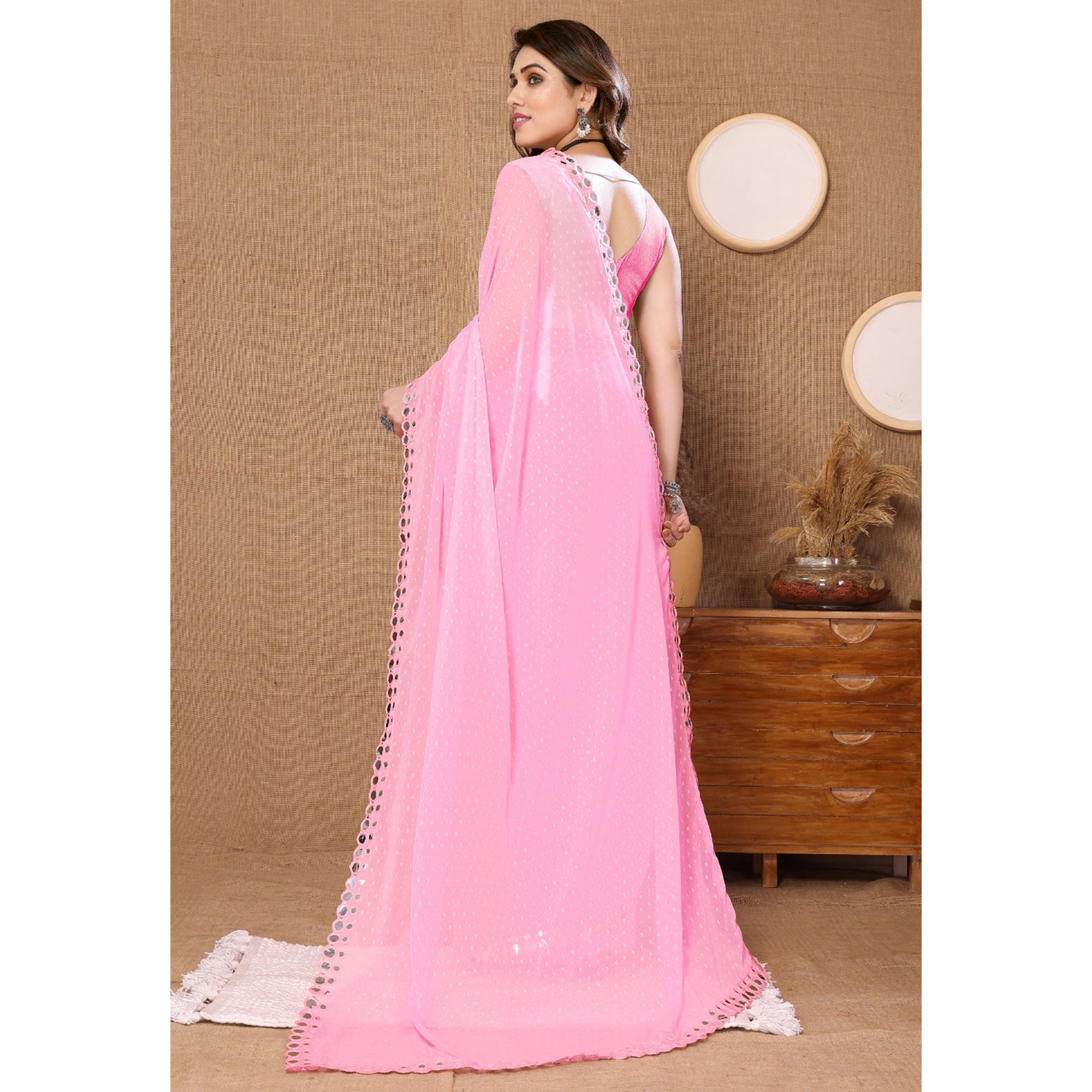 Light Pink Embroidered Butti Work Georgette Saree