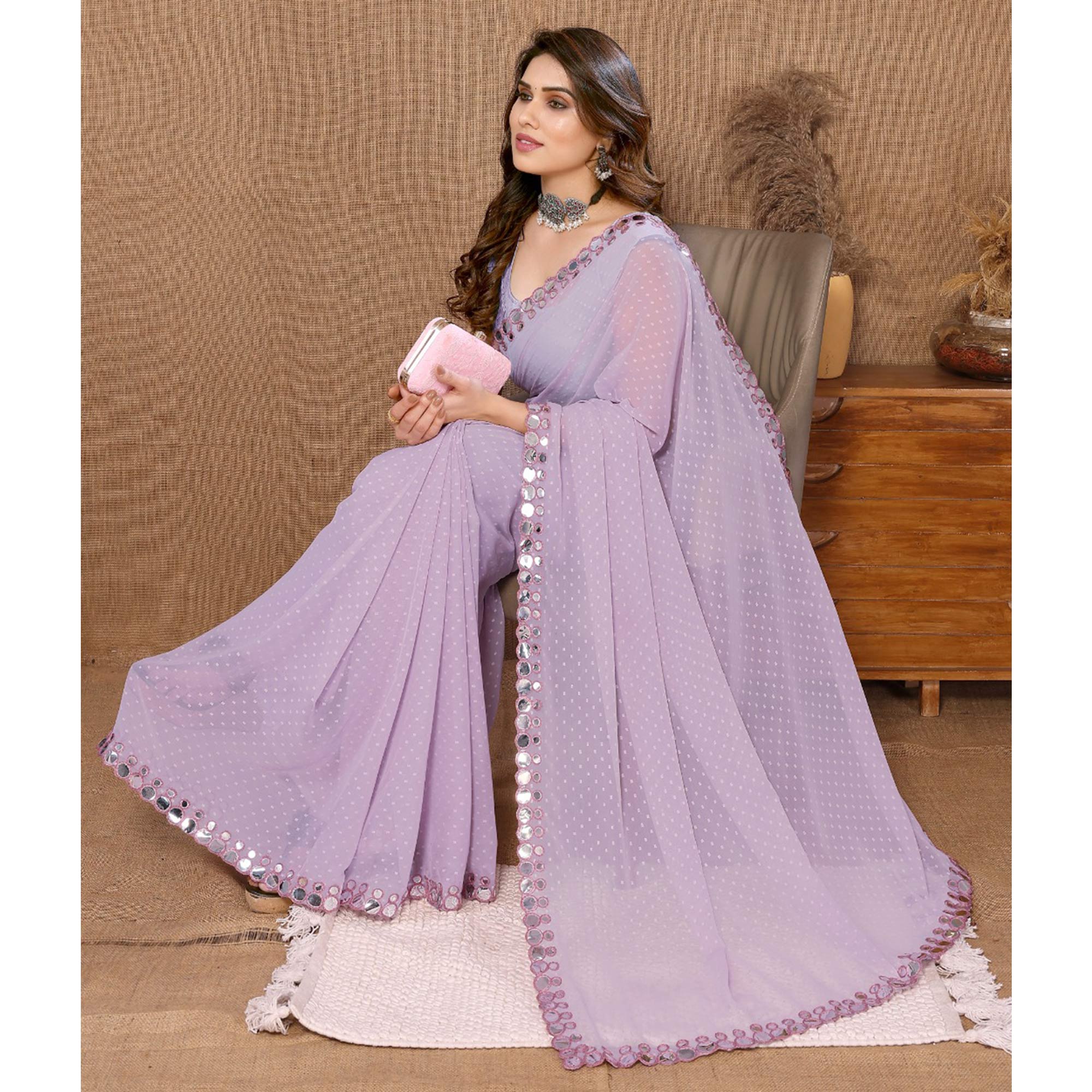 Light Lavender Embroidered Butti Work Georgette Saree