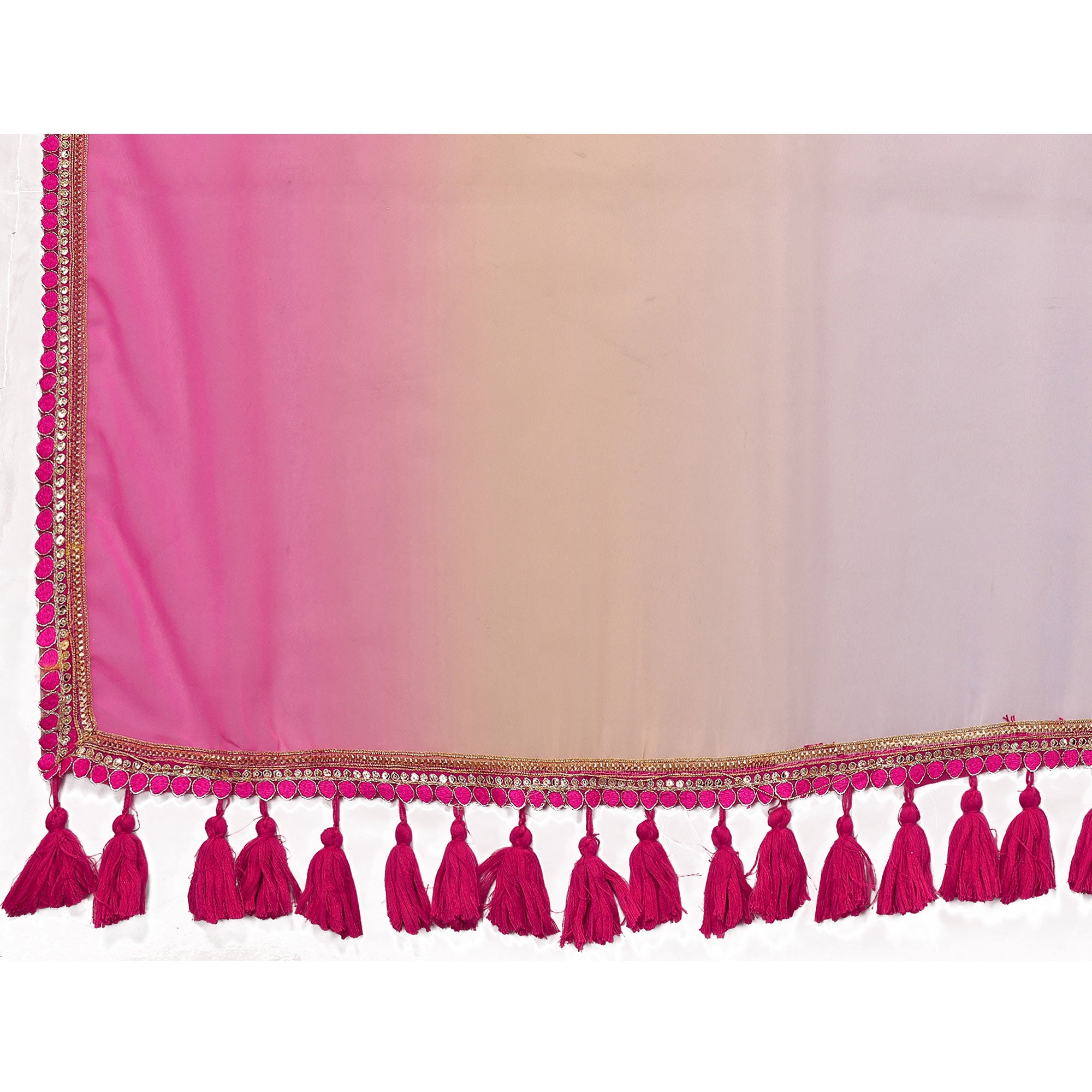 White & Pink Ombre Georgette Saree With Tassels