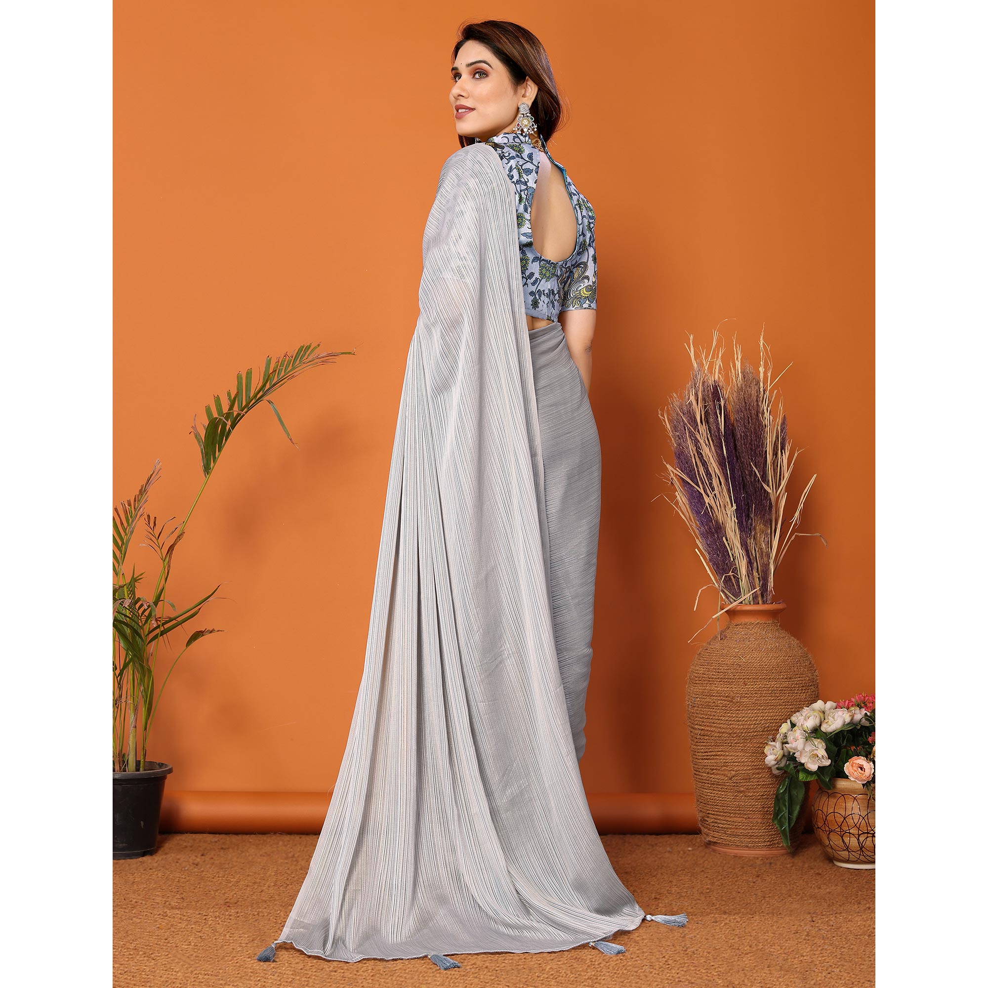 Grey Woven Satin Saree With Tassels