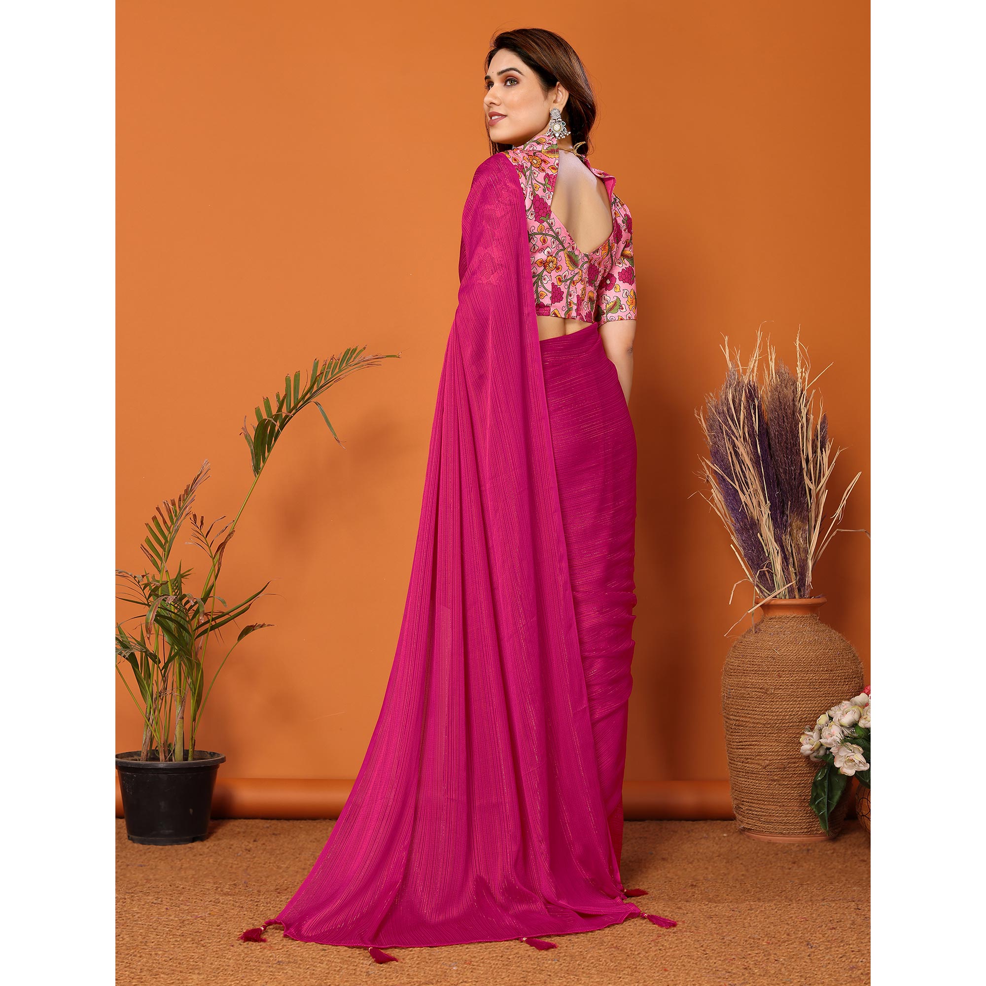 Magenta Woven Satin Saree With Tassels