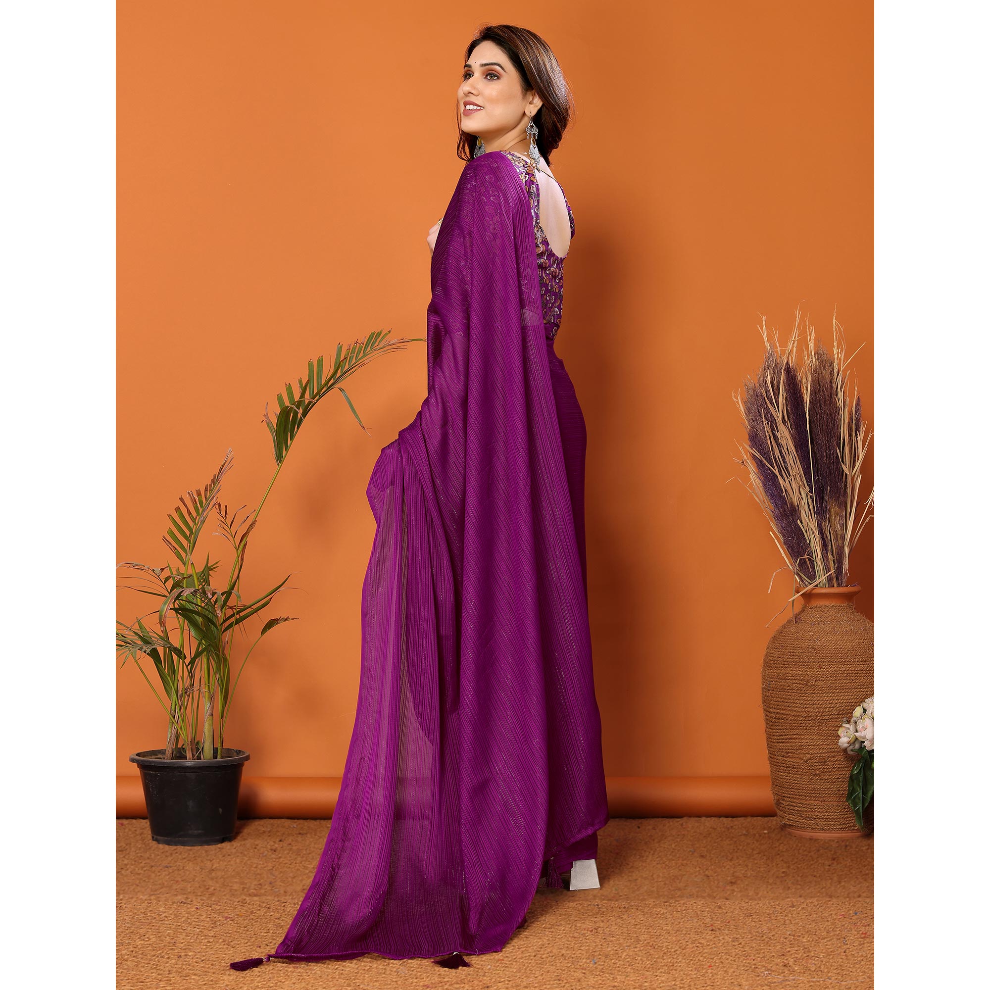 Purple Woven Satin Saree With Tassels