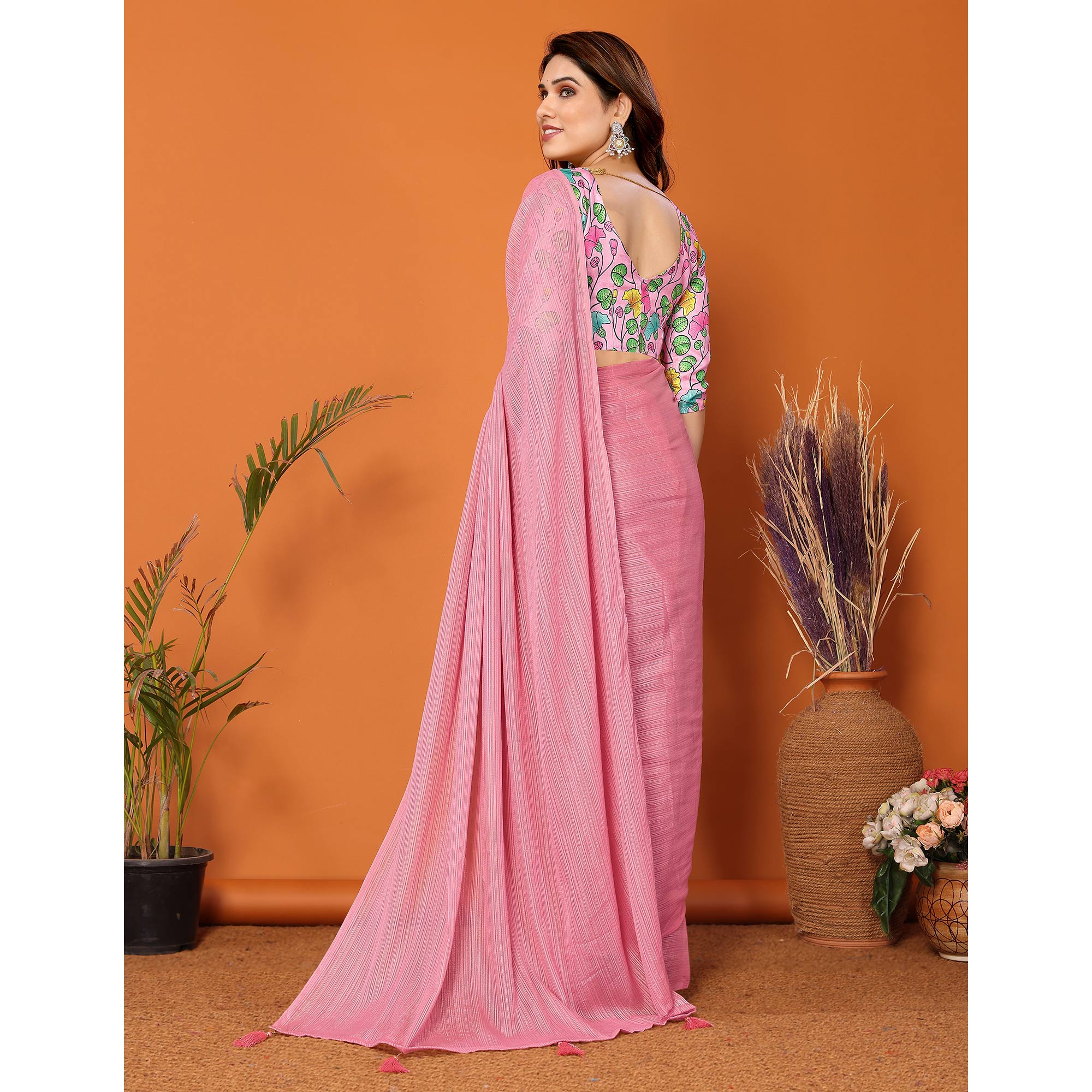 Rose Pink Woven Satin Saree With Tassels