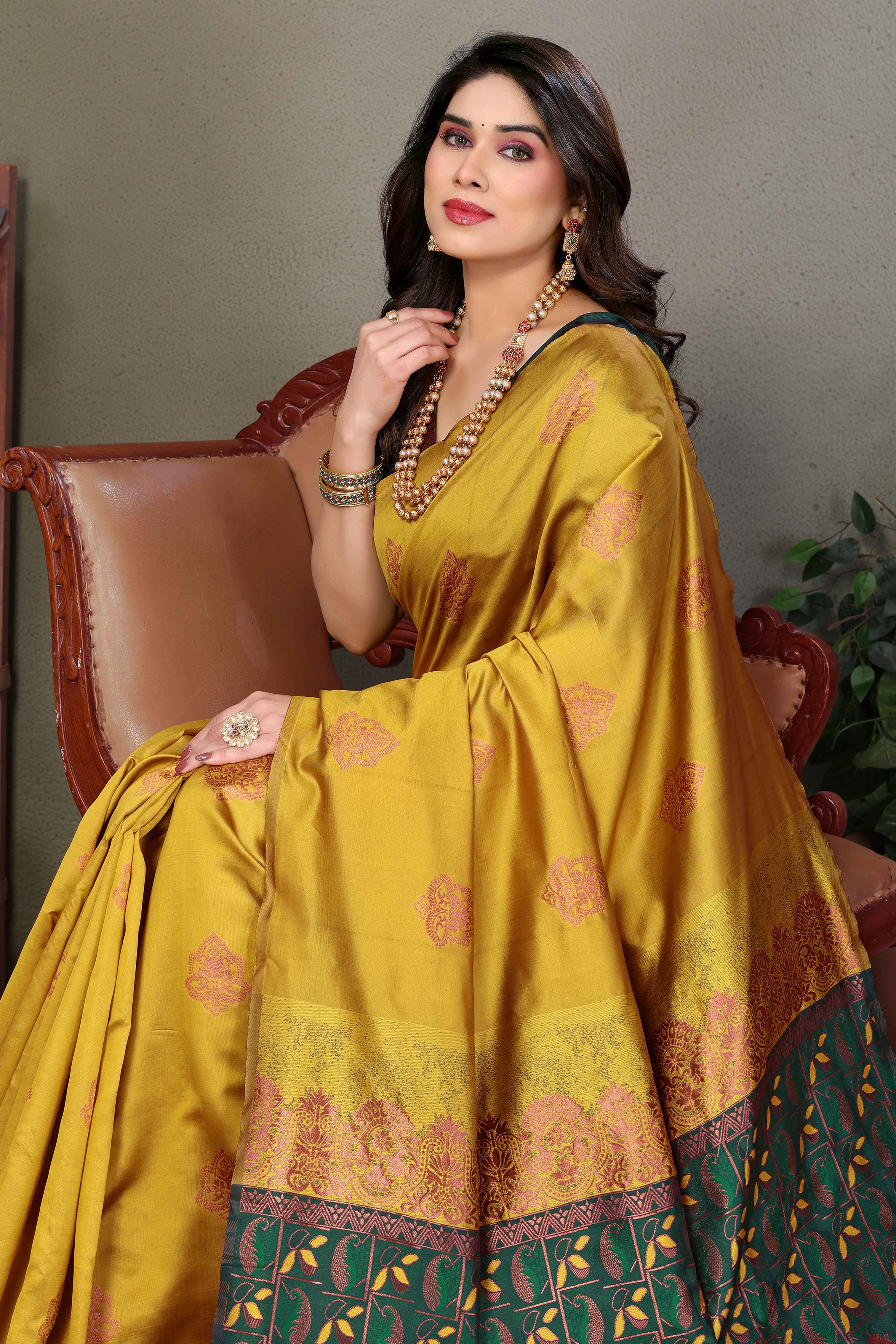 Mustard Floral Woven Banarasi Silk Saree