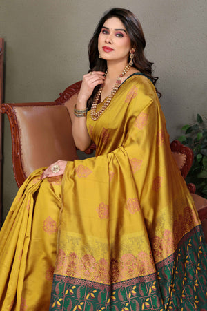 Mustard Floral Woven Banarasi Silk Saree