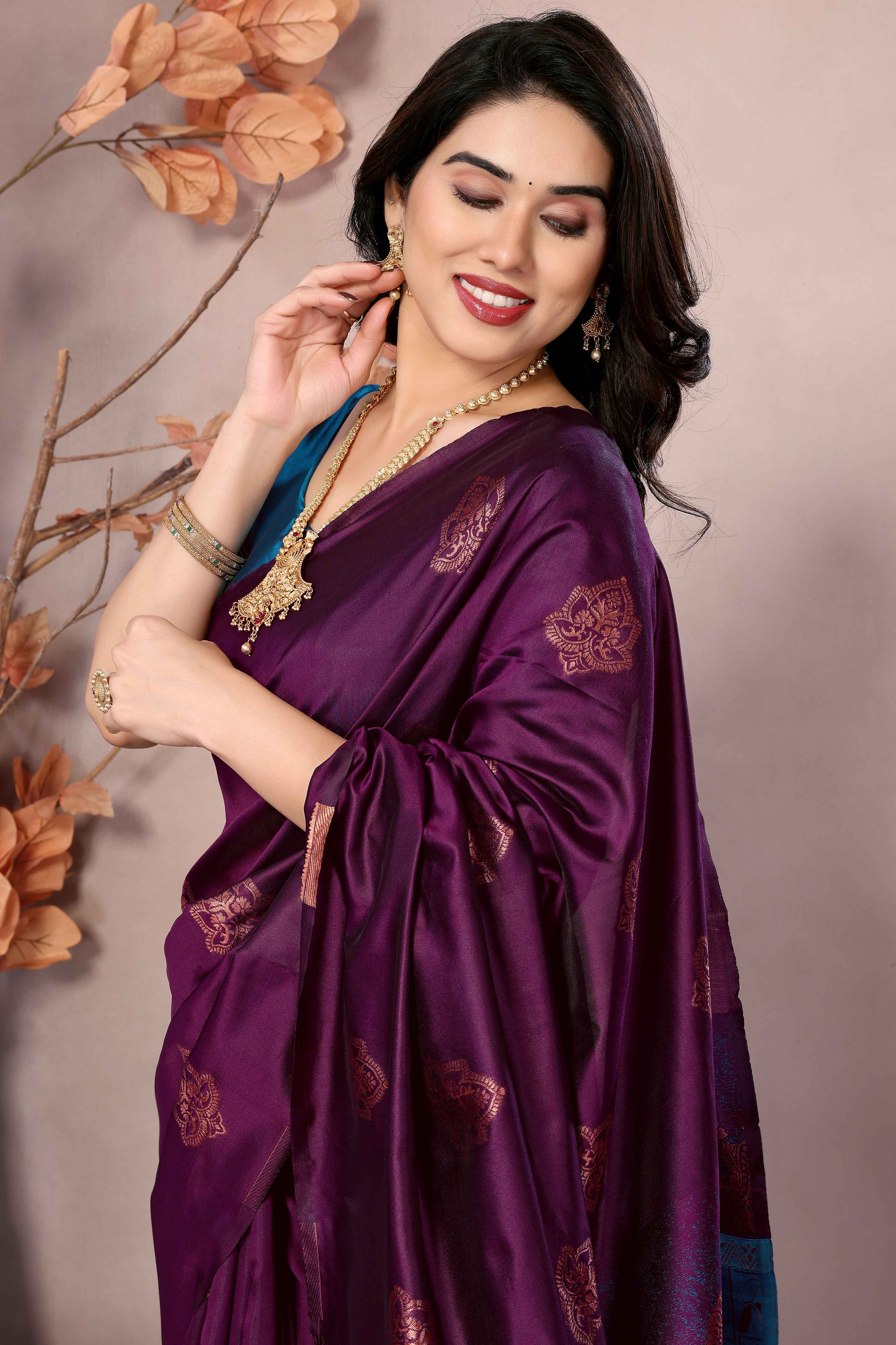 Purple Floral Woven Banarasi Silk Saree