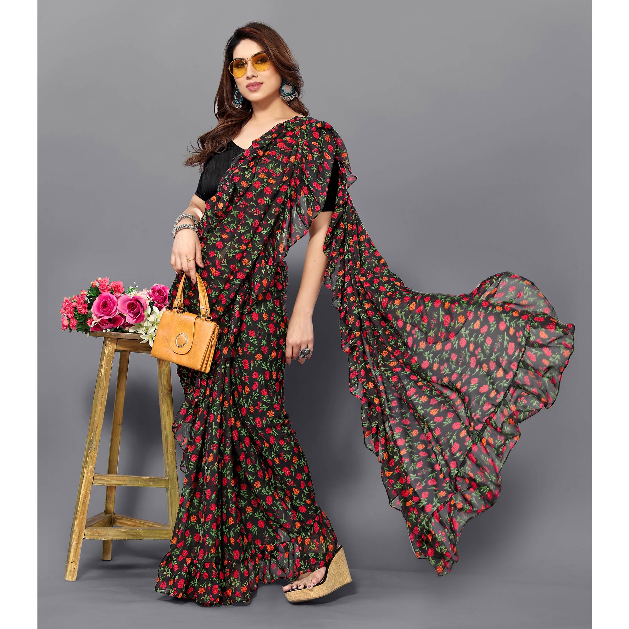 Black Floral Printed Georgette Saree