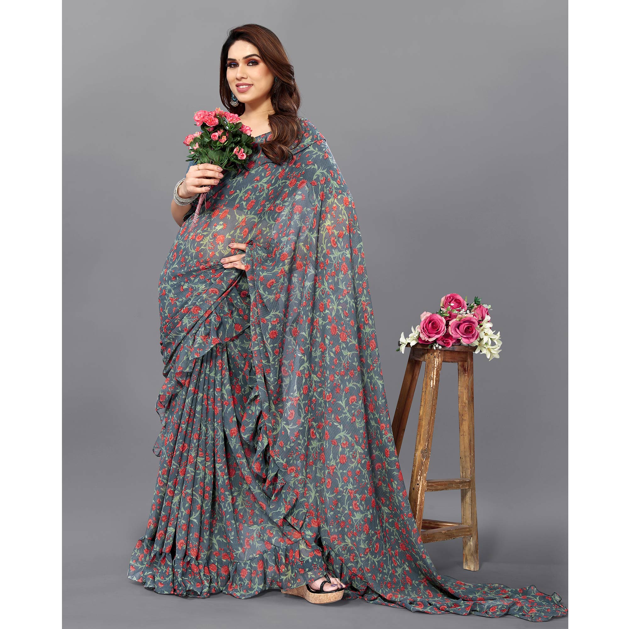 Grey Floral Printed Georgette Saree