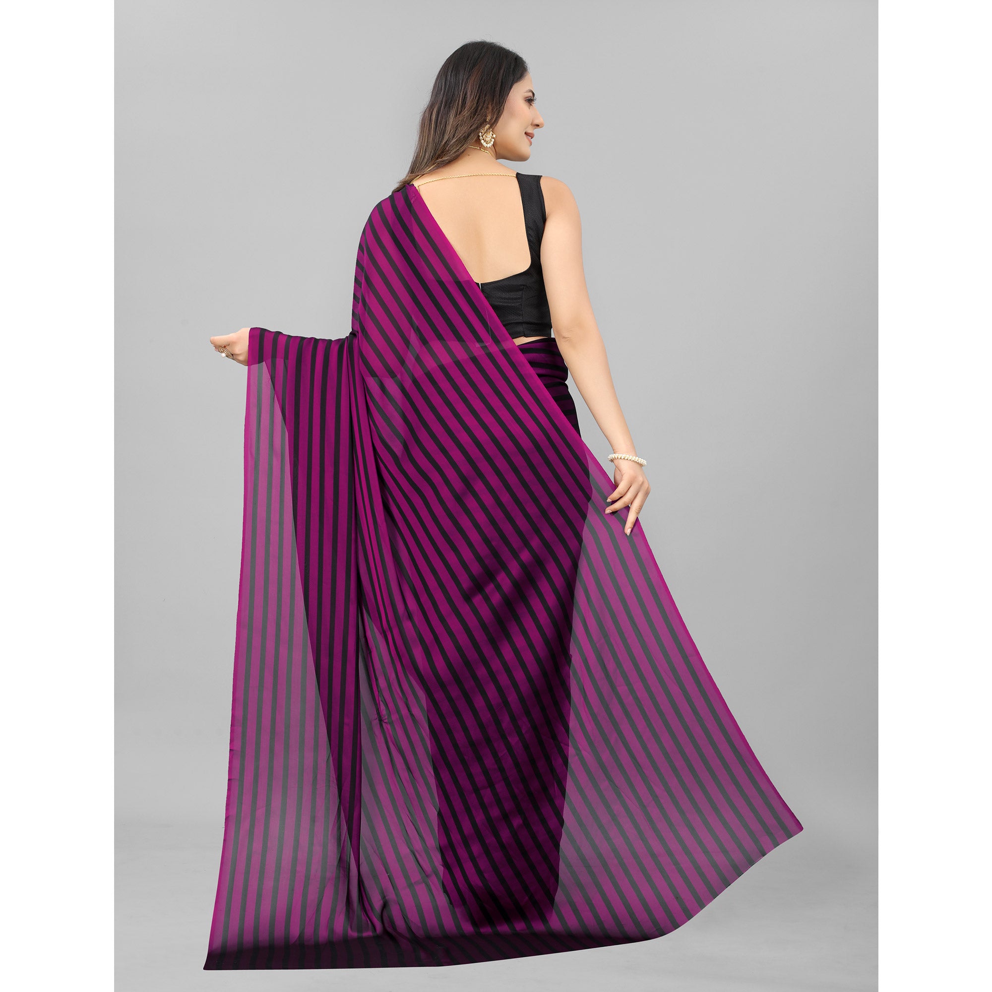 Purple Striped Printed Art Silk Saree