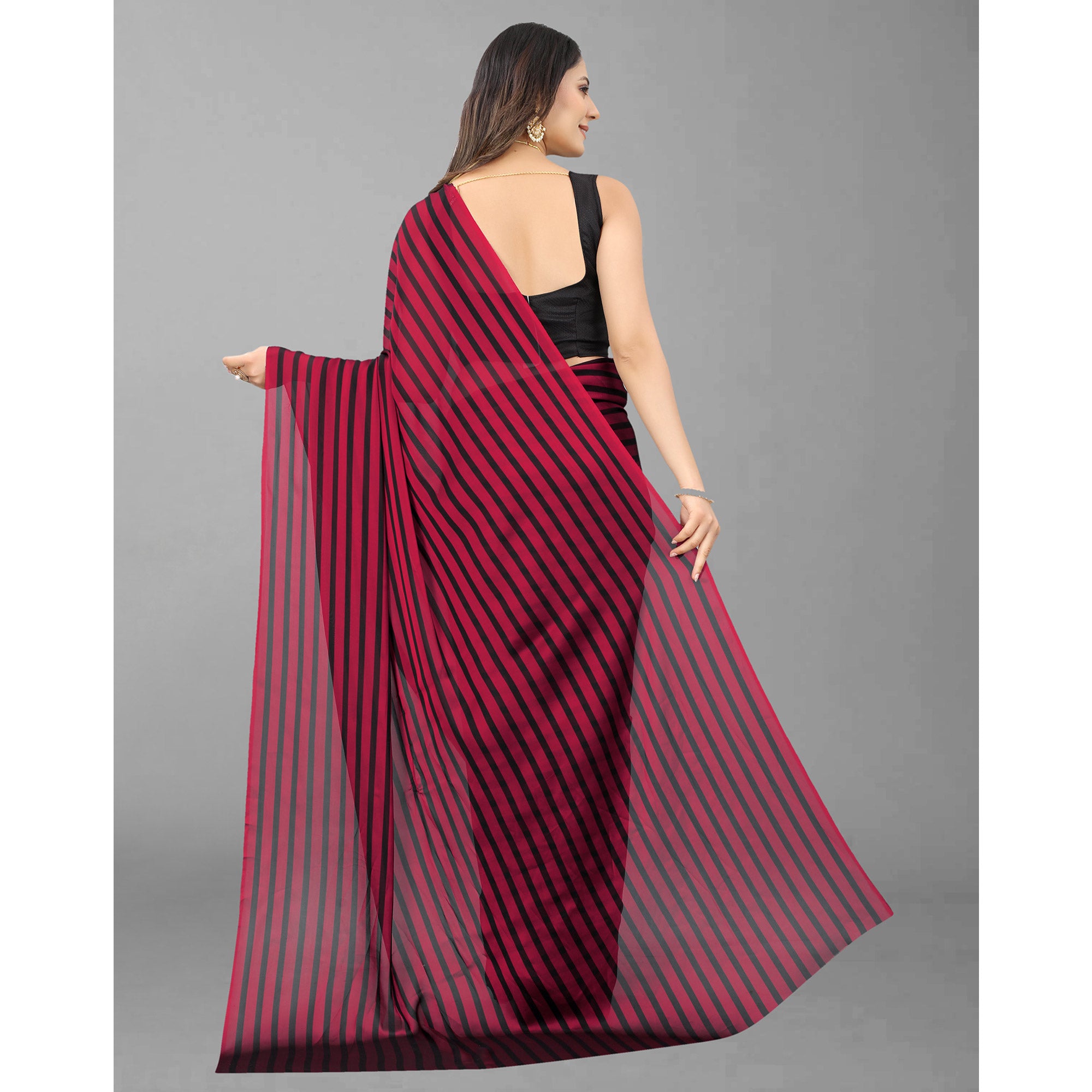 Red Striped Printed Art Silk Saree