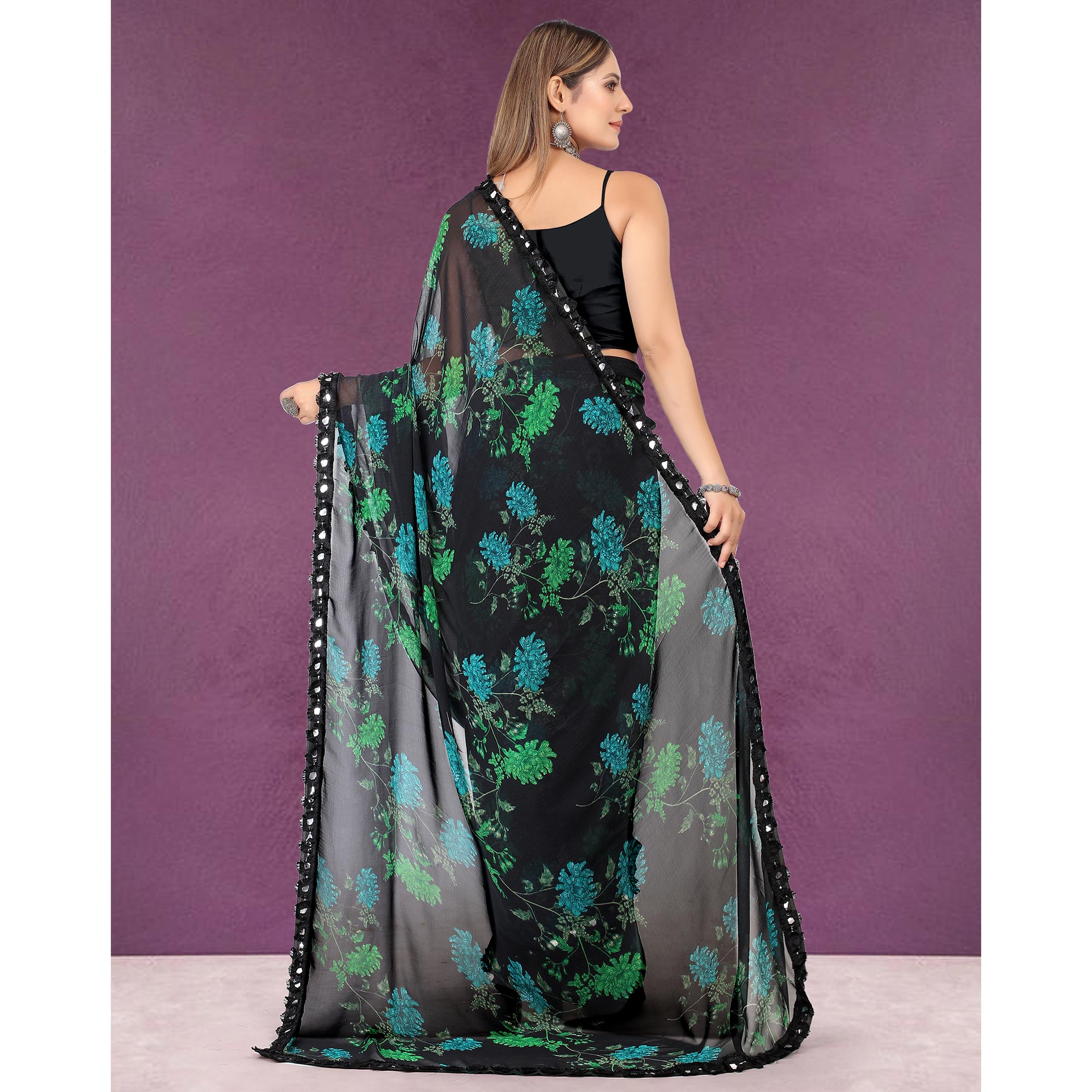 Black Floral Printed Georgette Saree