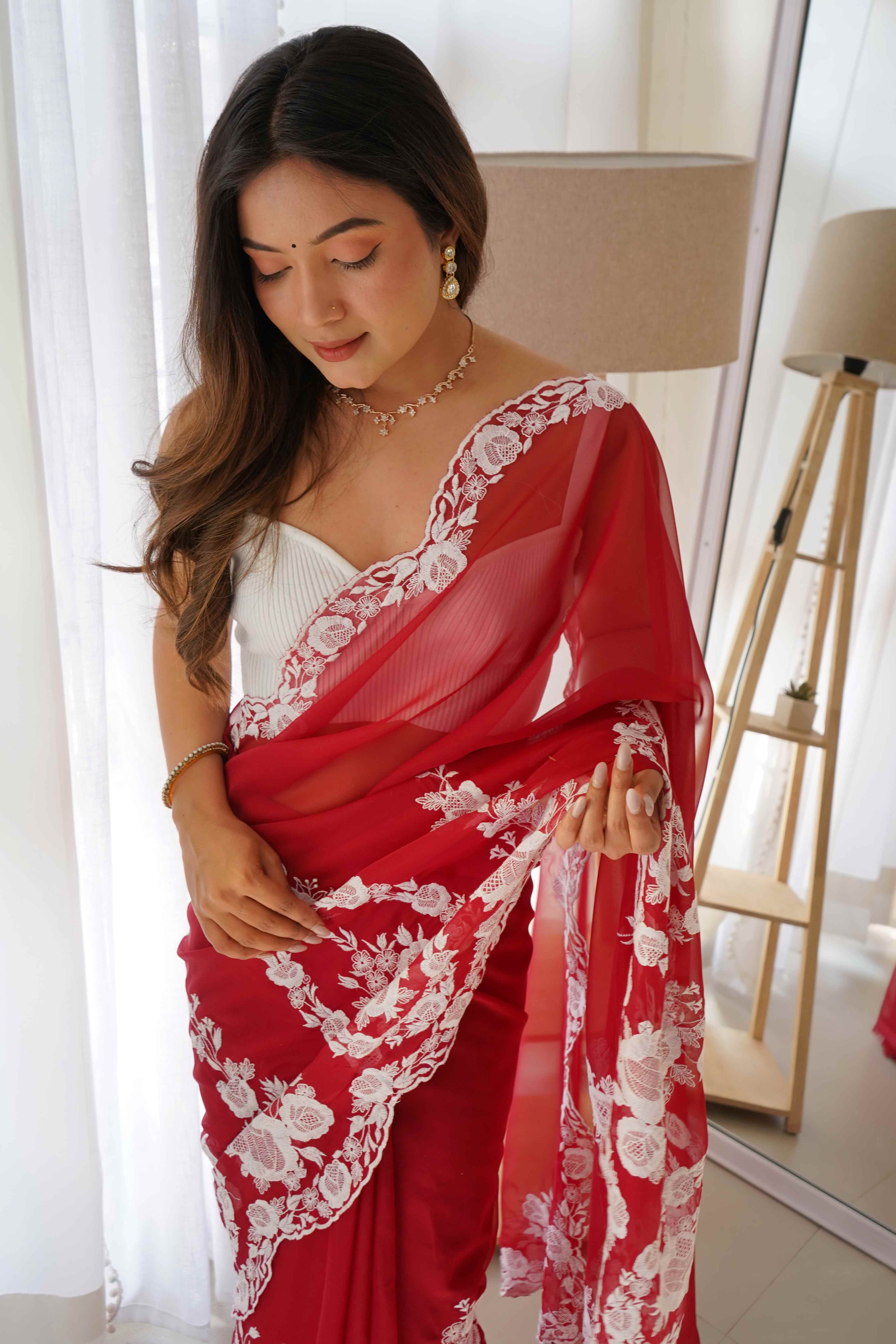 Red Embroidered Georgette Saree Featuring Ornate Heavy Thread Work