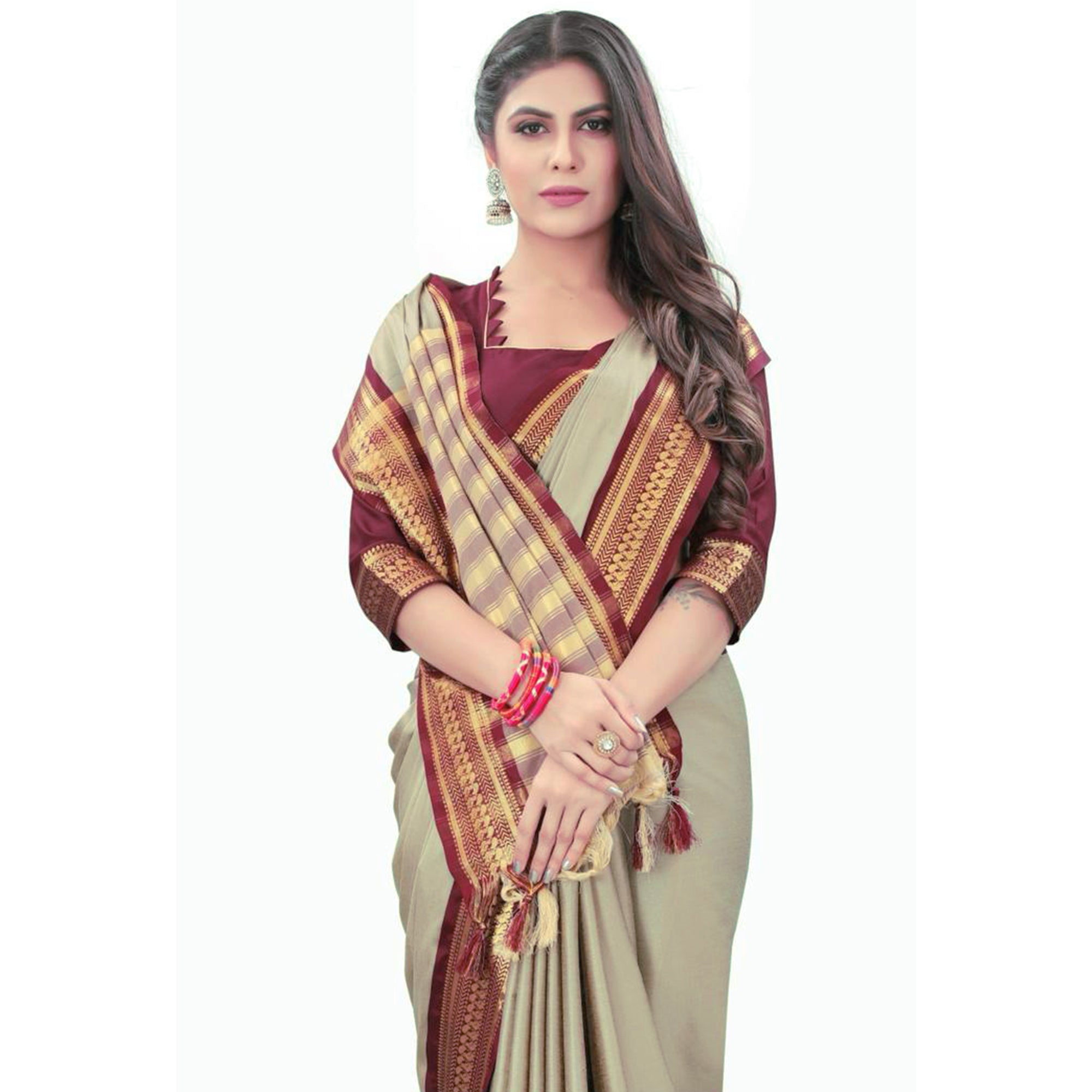 Chikoo Solid Cotton Silk Saree With Jacquard Border