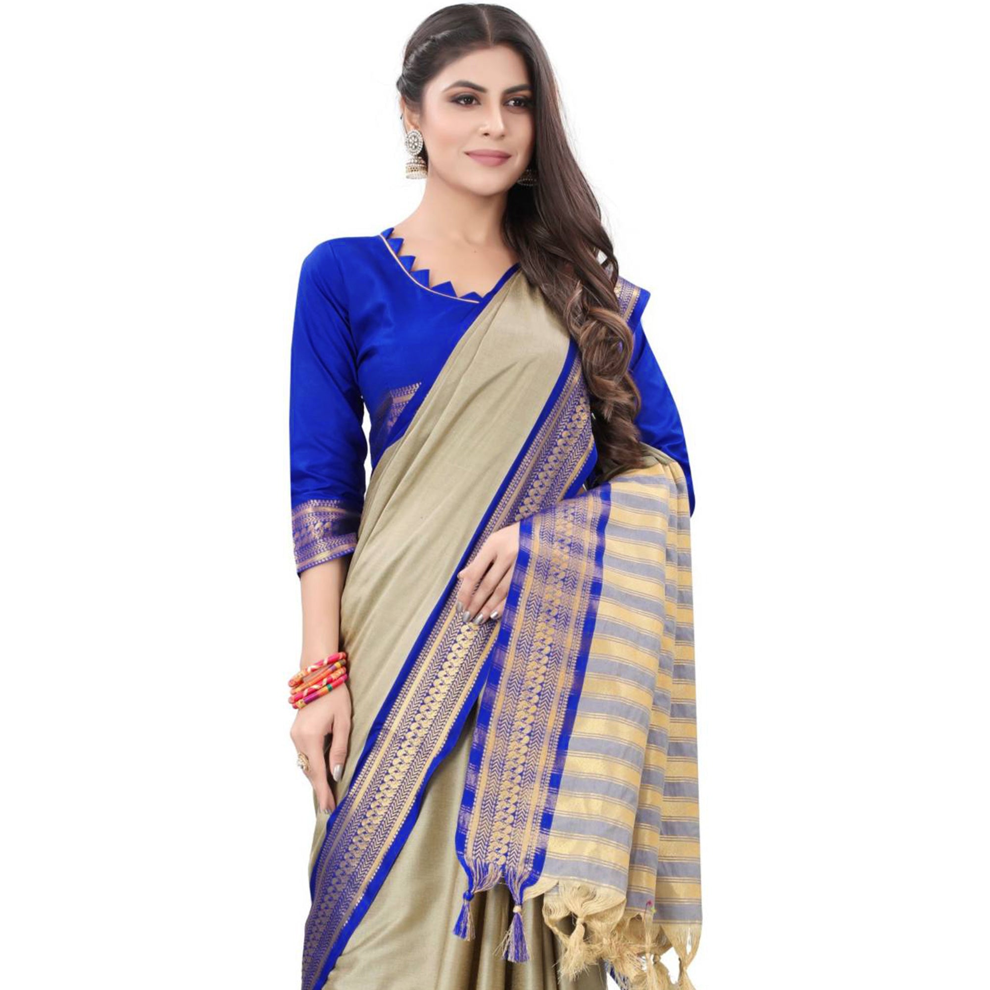 Chikoo & Blue Solid Cotton Silk Saree With Jacquard Border