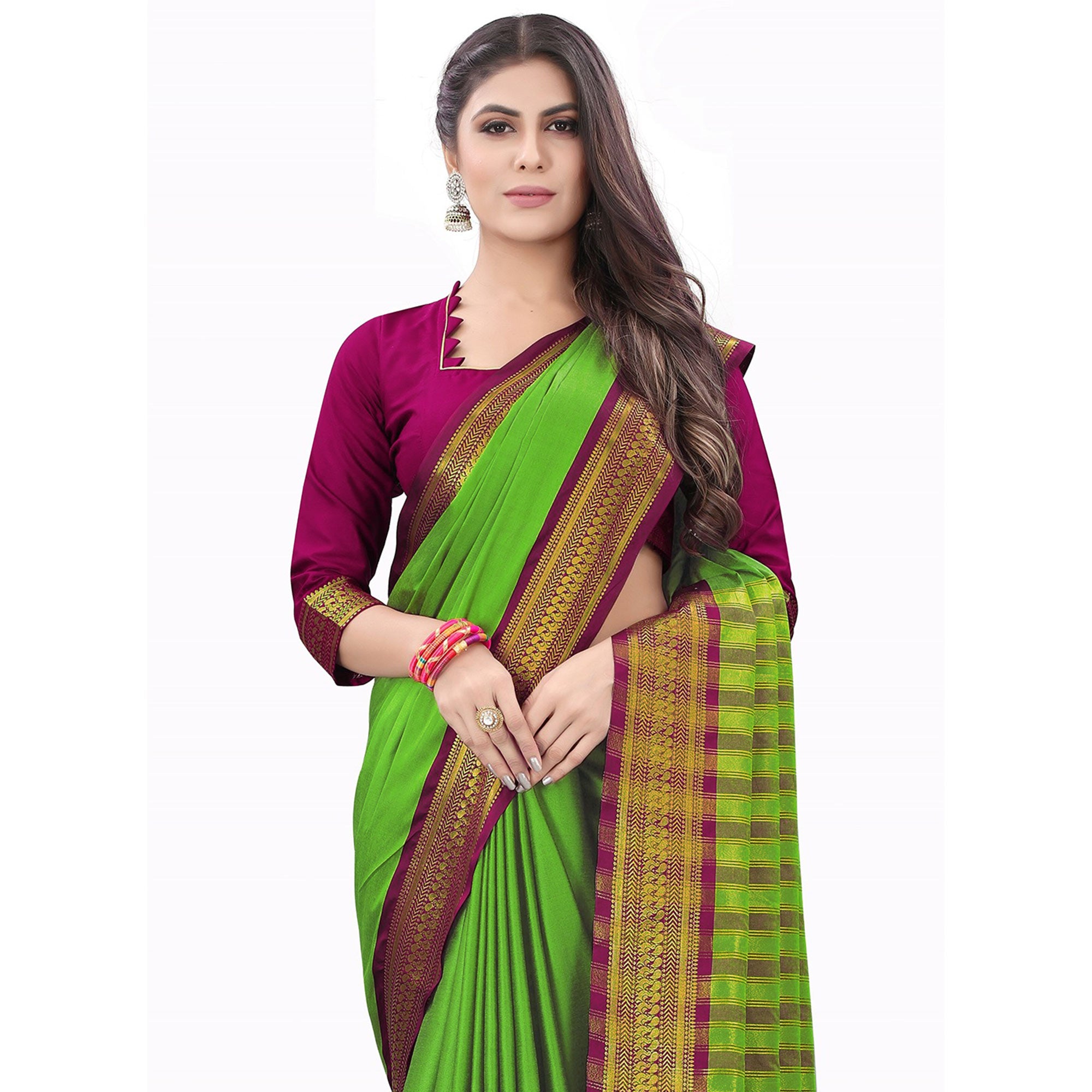 Parrot Green Solid Cotton Silk Saree With Jacquard Border