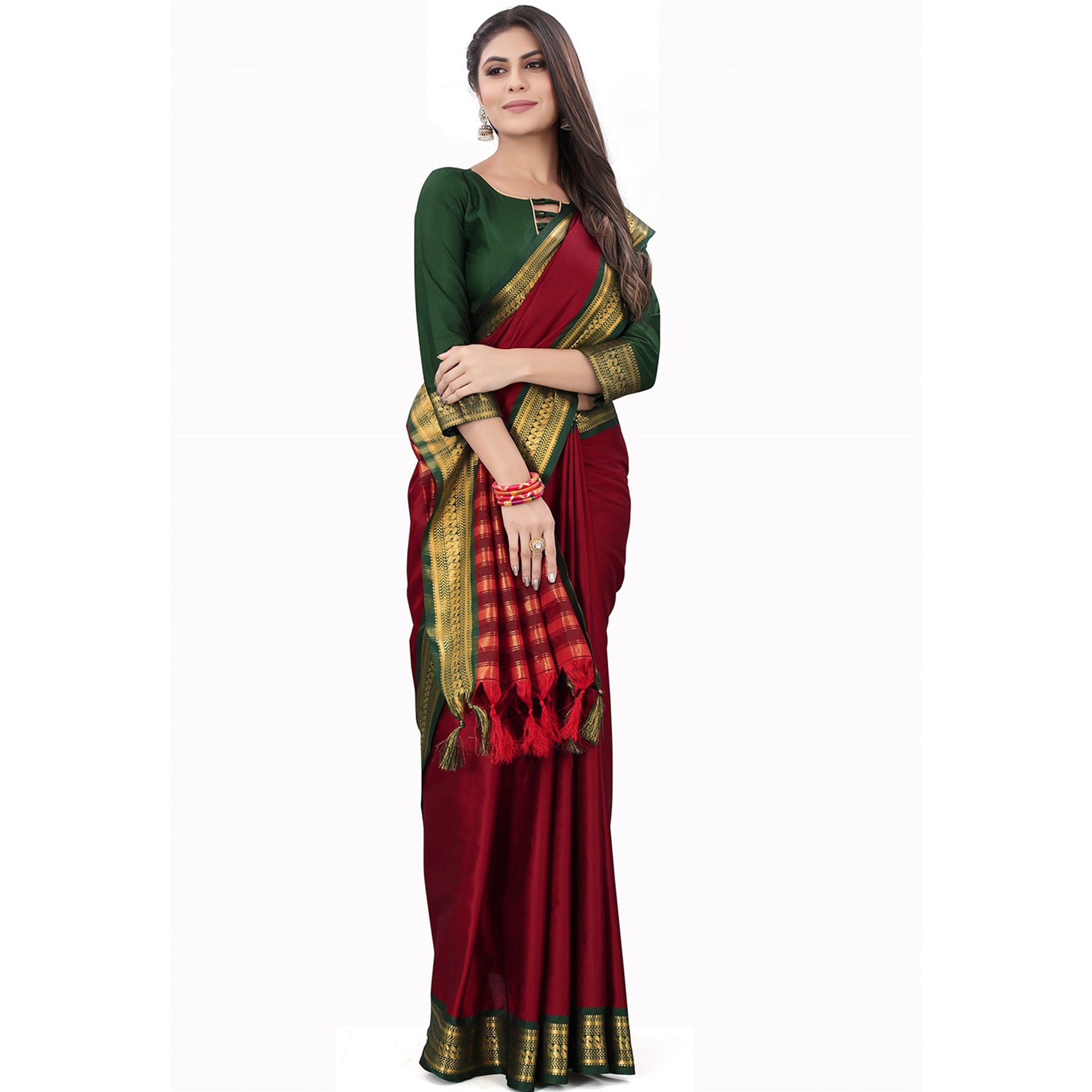 Red Solid Cotton Silk Saree With Jacquard Border