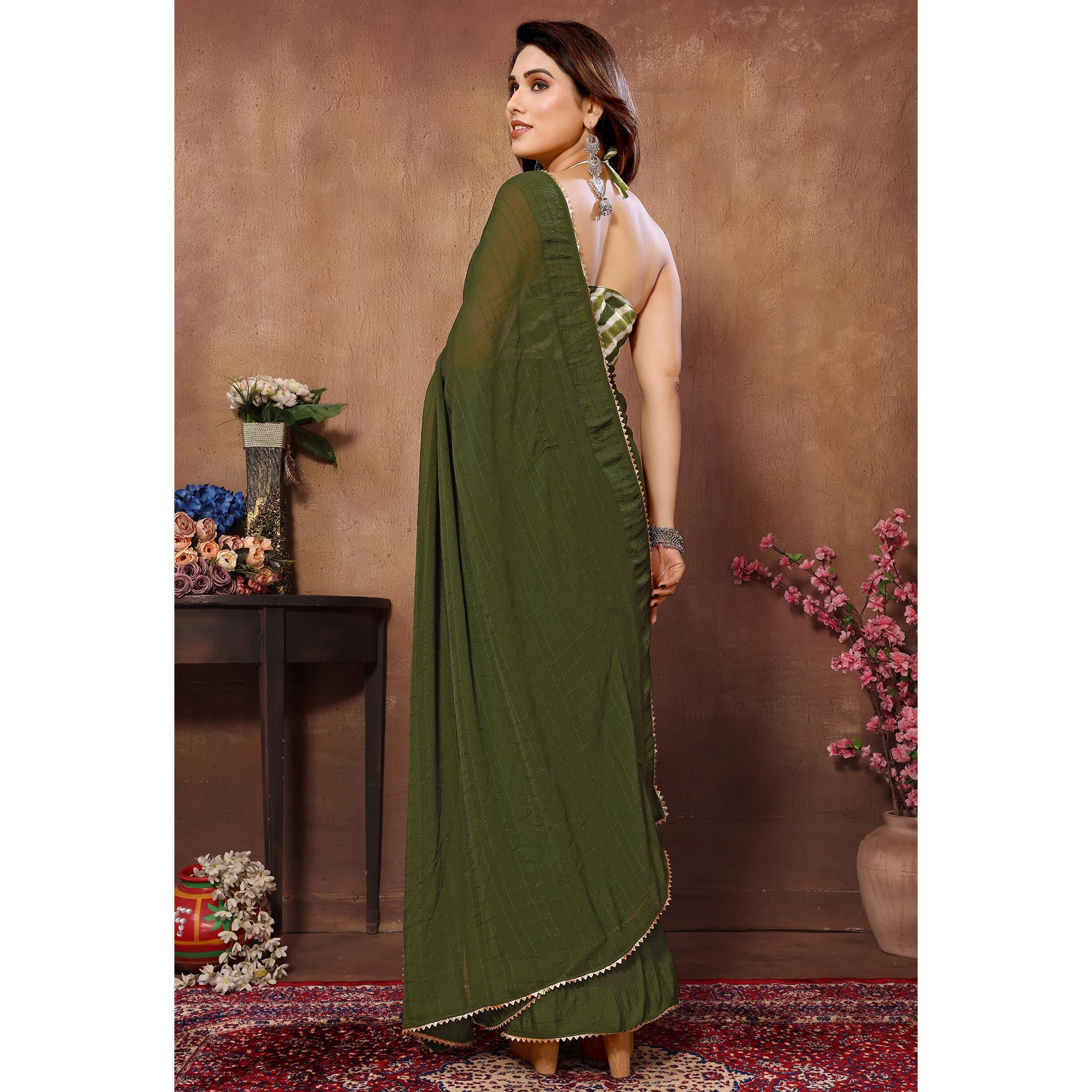 Green Woven Checks Ready To Wear Georgette Saree
