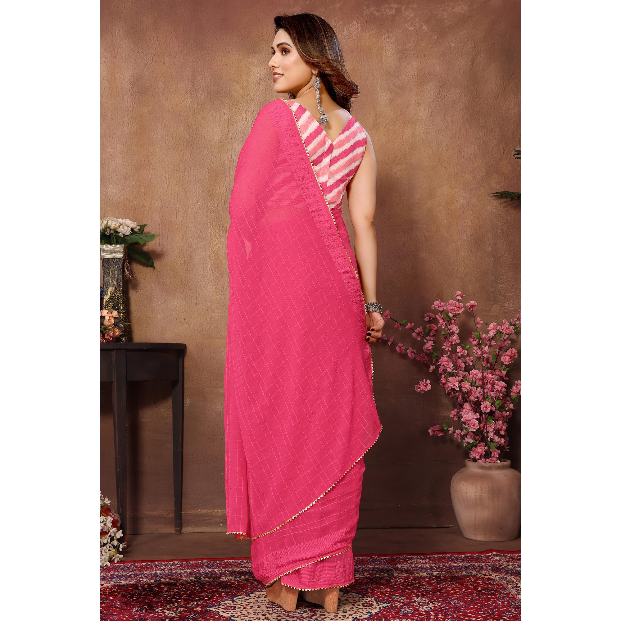 Pink Woven Checks Ready To Wear Georgette Saree