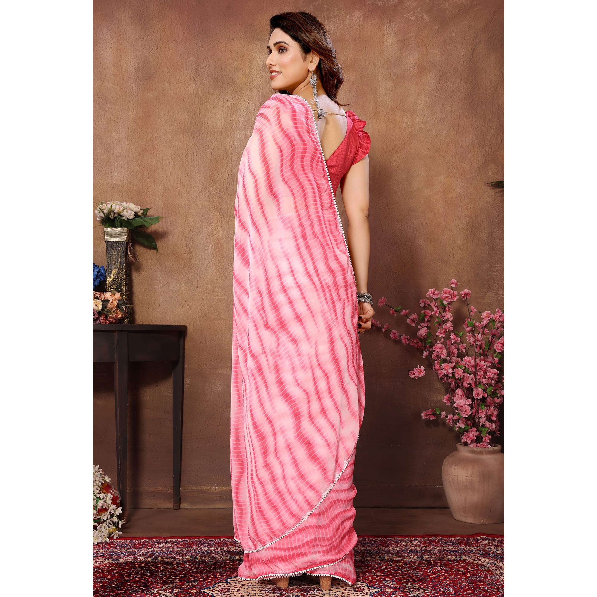 Pink Printed Ready To Wear Georgette Saree