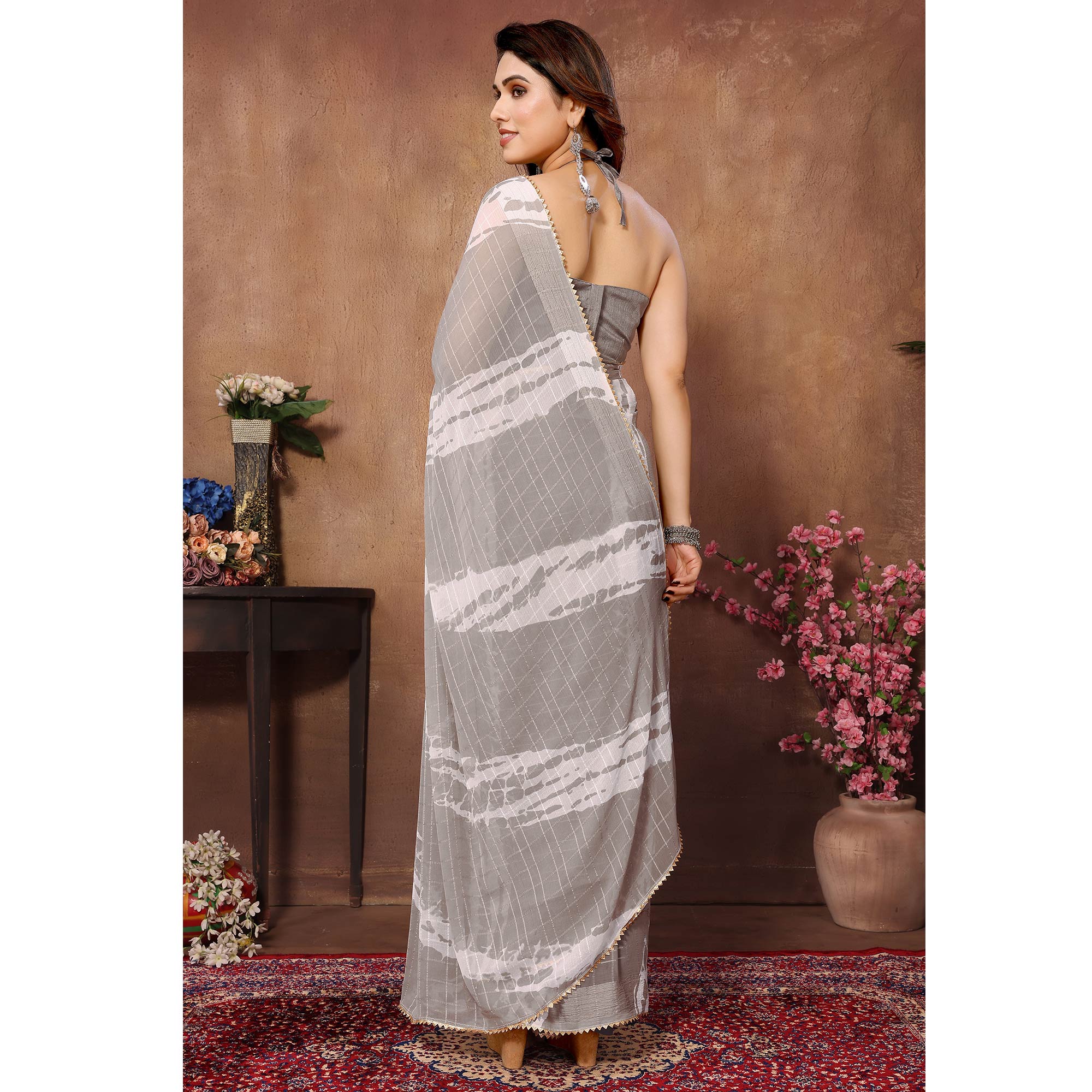 Light Grey Woven With Printed Ready To Wear Georgette Saree