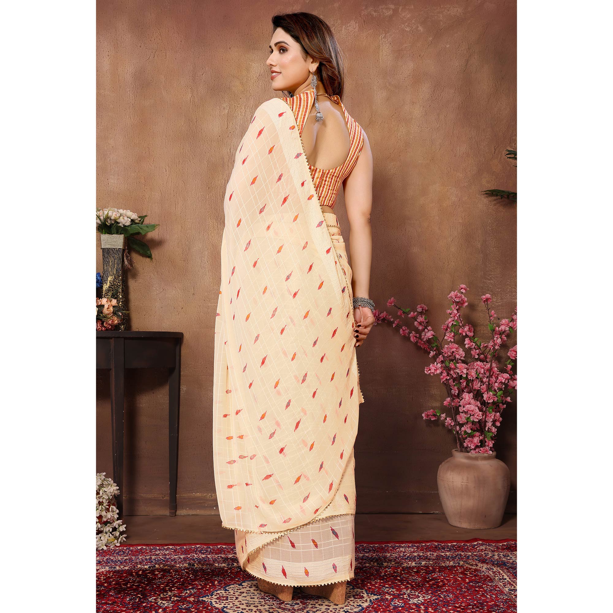 Light Peach Woven With Printed Ready To Wear Georgette Saree