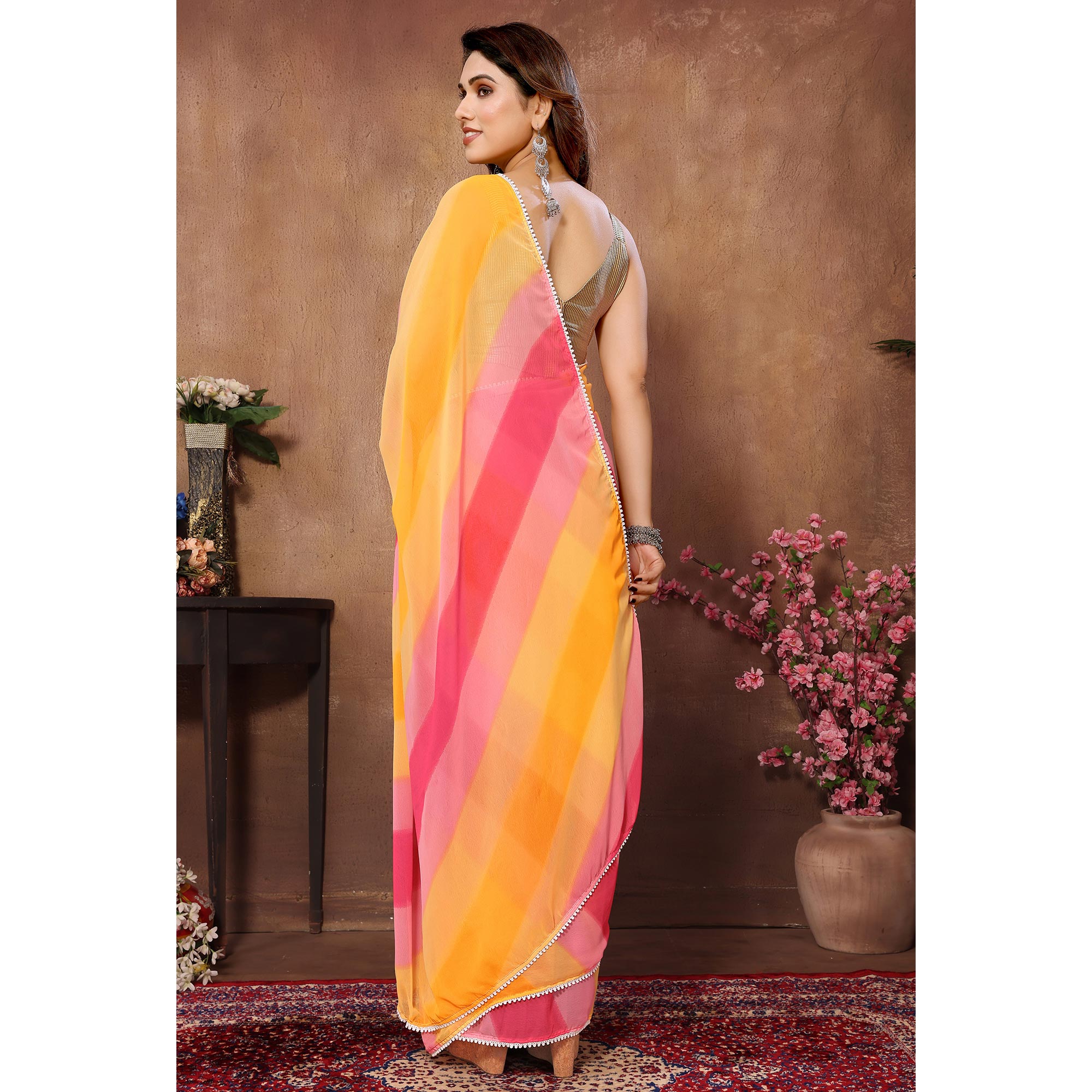 Yellow & Pink Printed Ready To Wear Georgette Saree