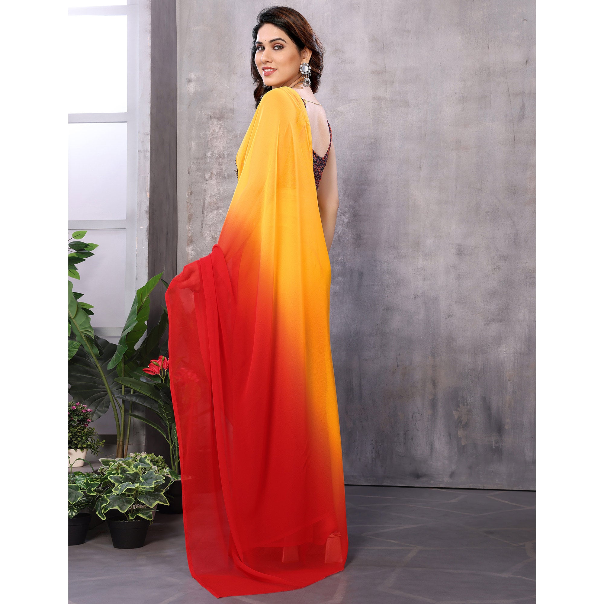 Red & Orange Ombre Printed Georgette Ready To Wear Saree