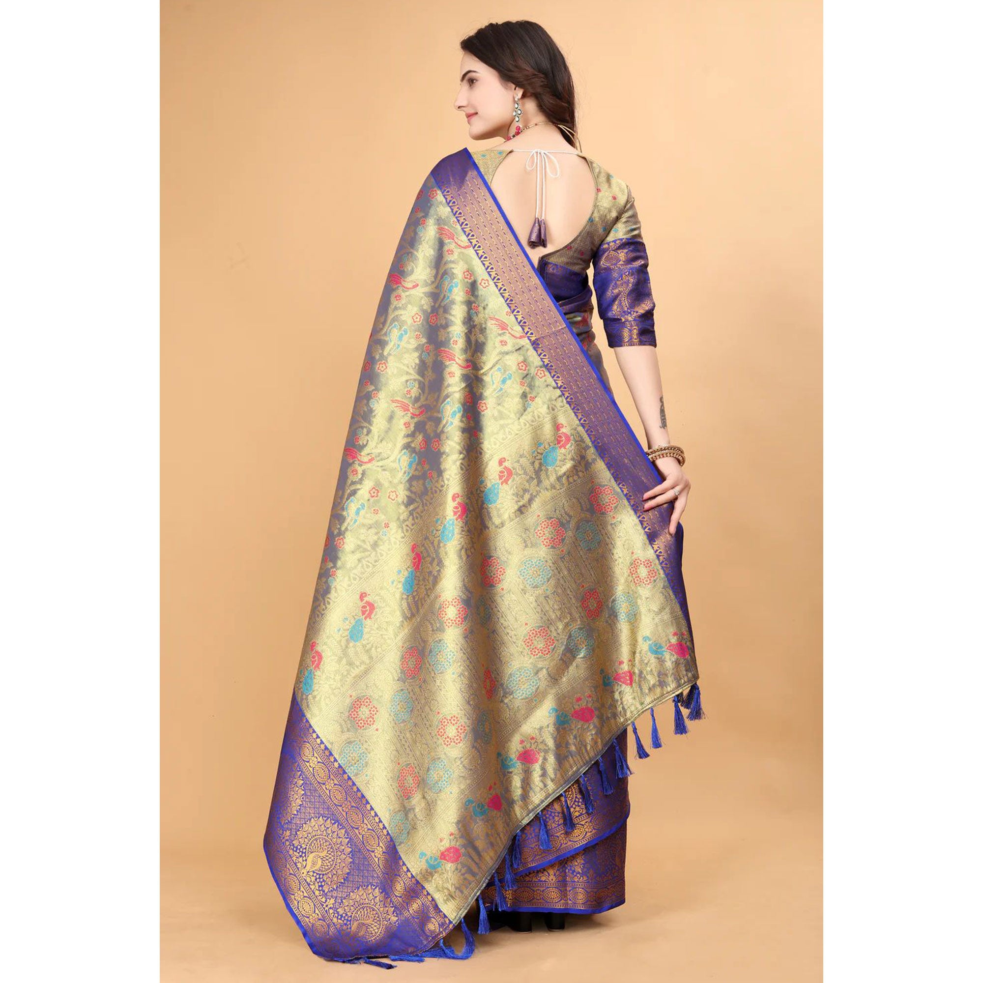 Royal Blue Floral Woven Tissue Silk Saree With Tassels