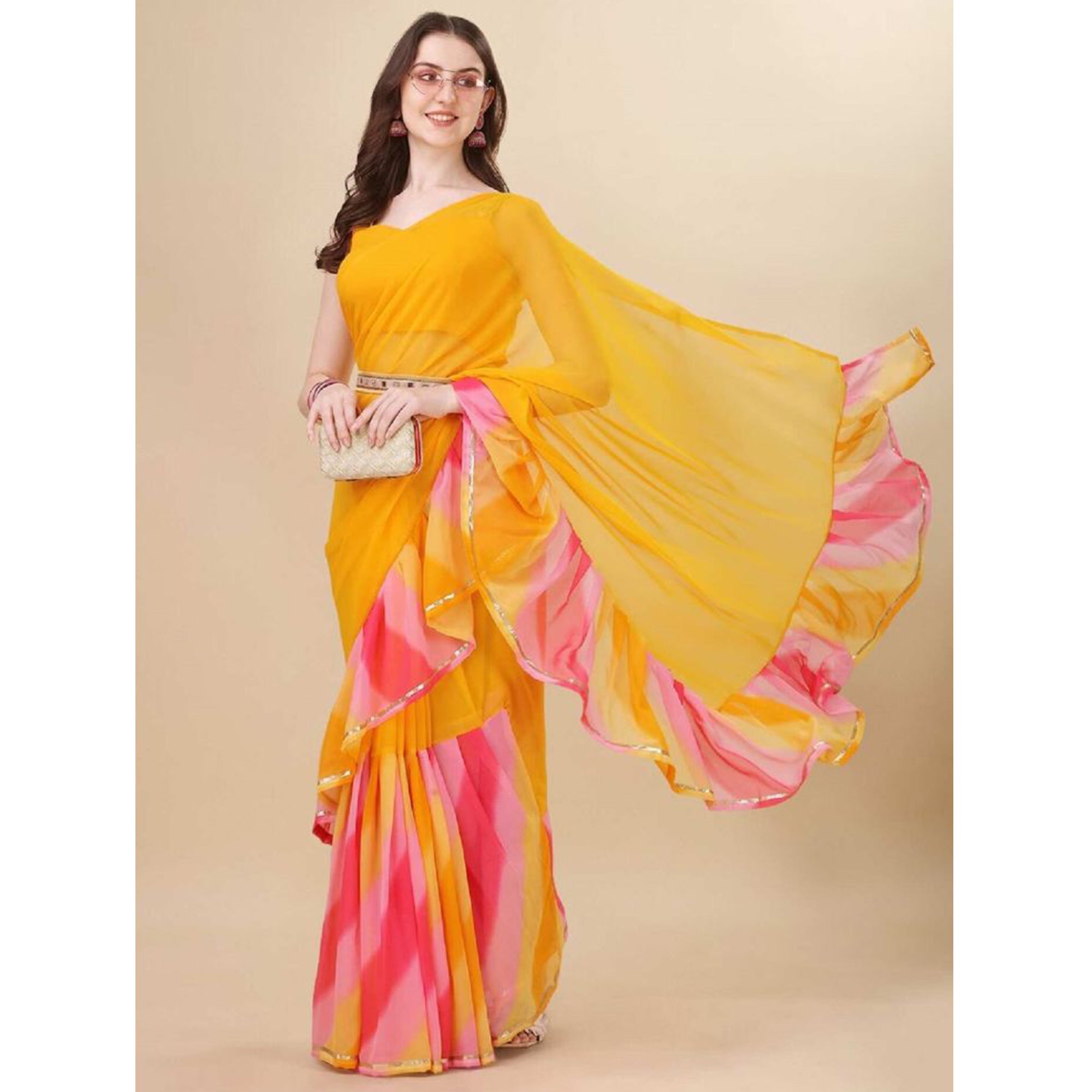 Yellow Printed Georgette Ruffle Saree