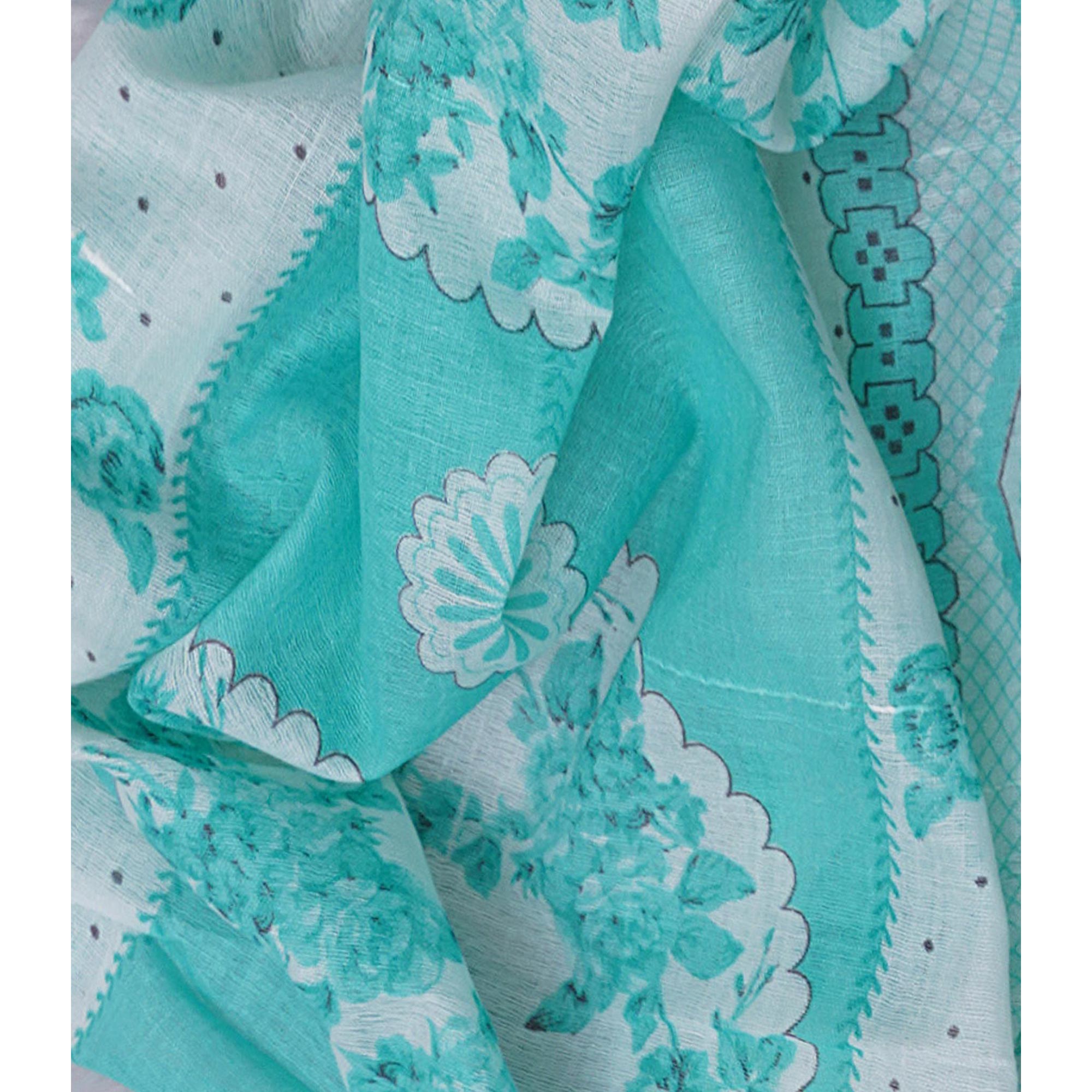 Turquoise Printed With Gota Patti Work Cotton Blend Dress Material
